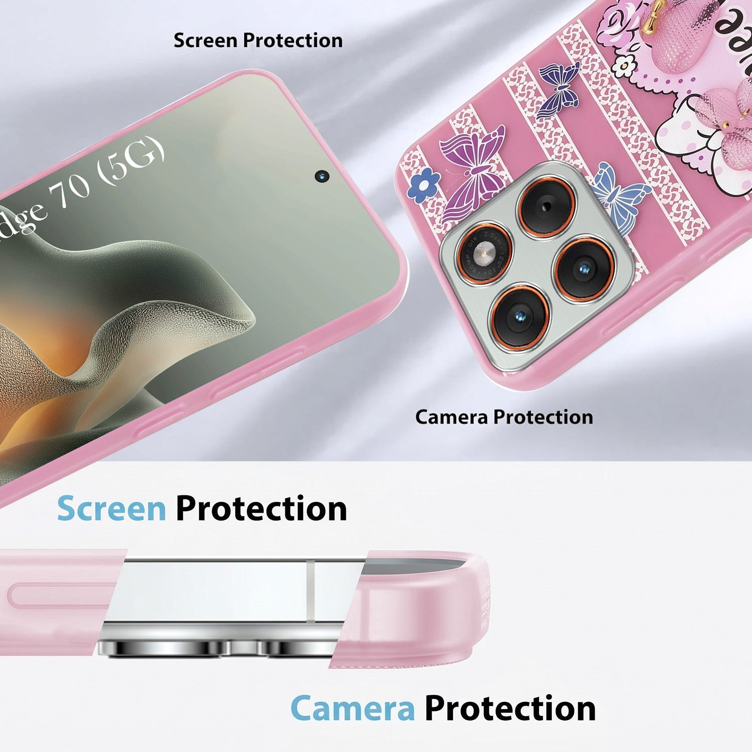 For Motorola Moto Edge 70 Back Cover Case (3D Cute Heart Strap Holder | Camera Protection | Designer Girls Print)