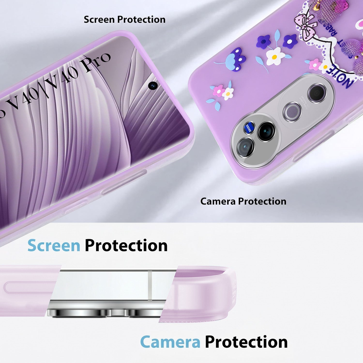 For Vivo V40 | Vivo V40 Pro 5G Back Cover Case (3D Cute Heart Strap Holder | Camera Protection | Designer Girls Print)