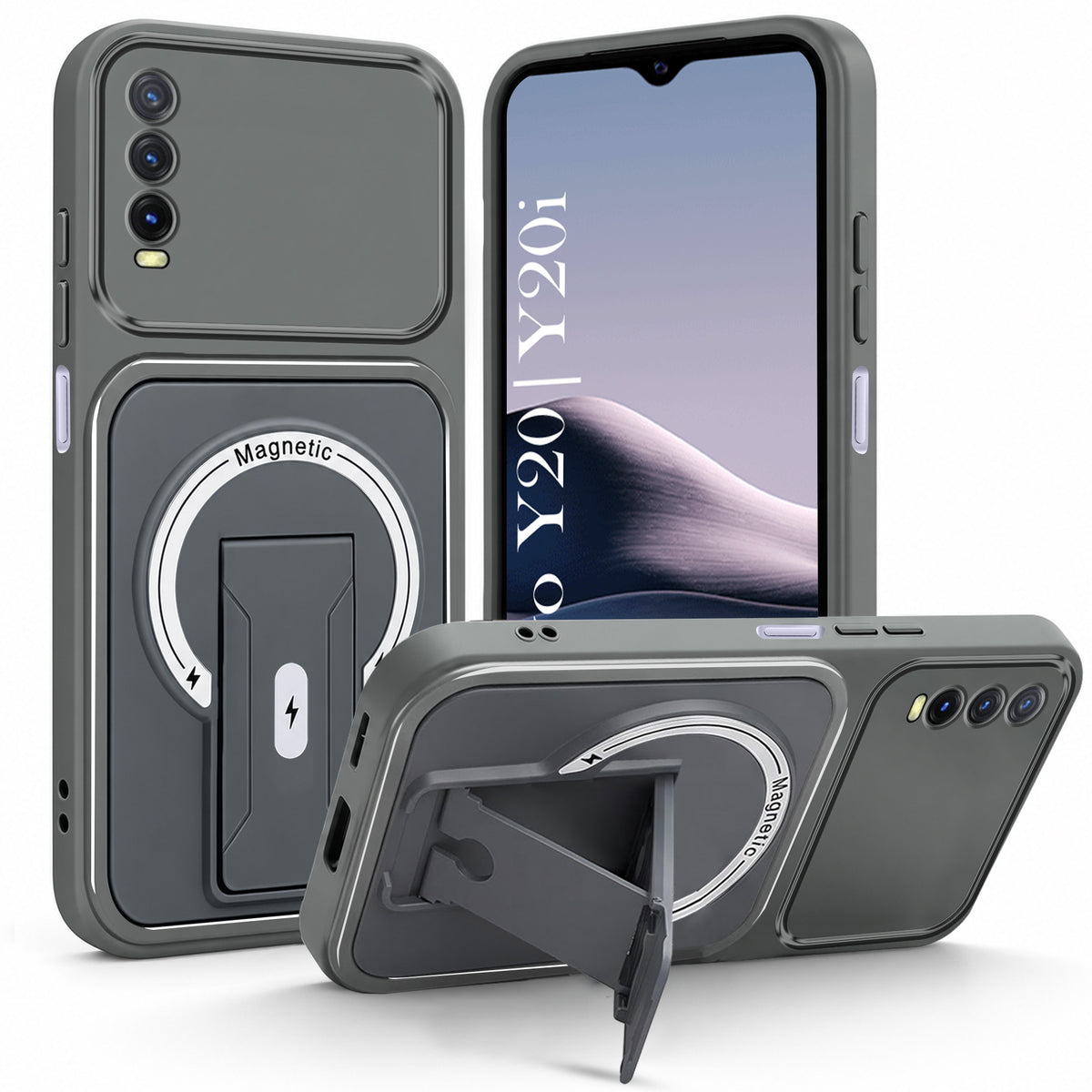 For Vivo Y20 | Y20i Back Case Cover Metallic (Hybrid Armor Kickstand | MagSafe Compatible | Camera Protection Shockproof)