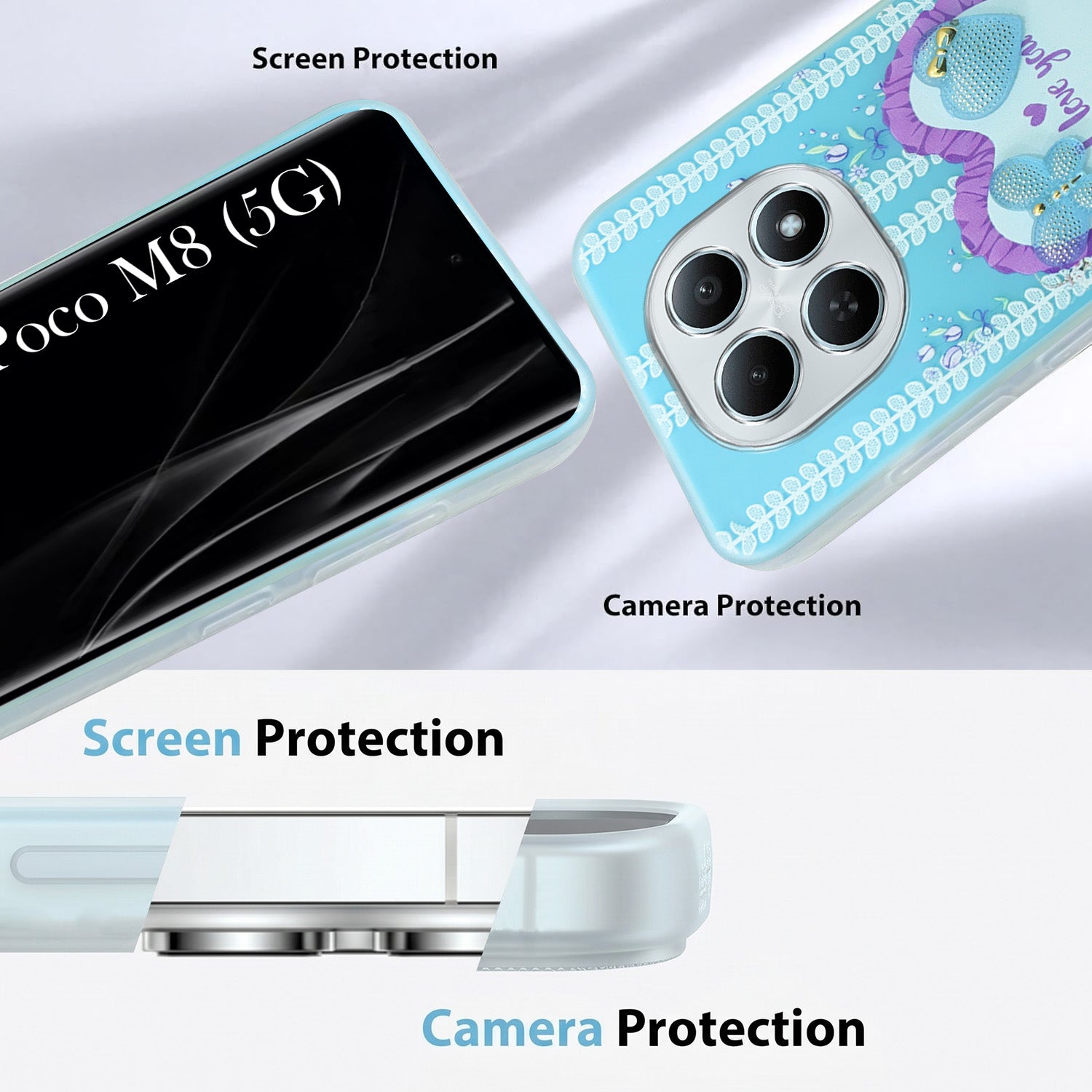 For Poco M8 5G Back Cover Case (3D Cute Heart Strap Holder | Camera Protection | Designer Girls Print)