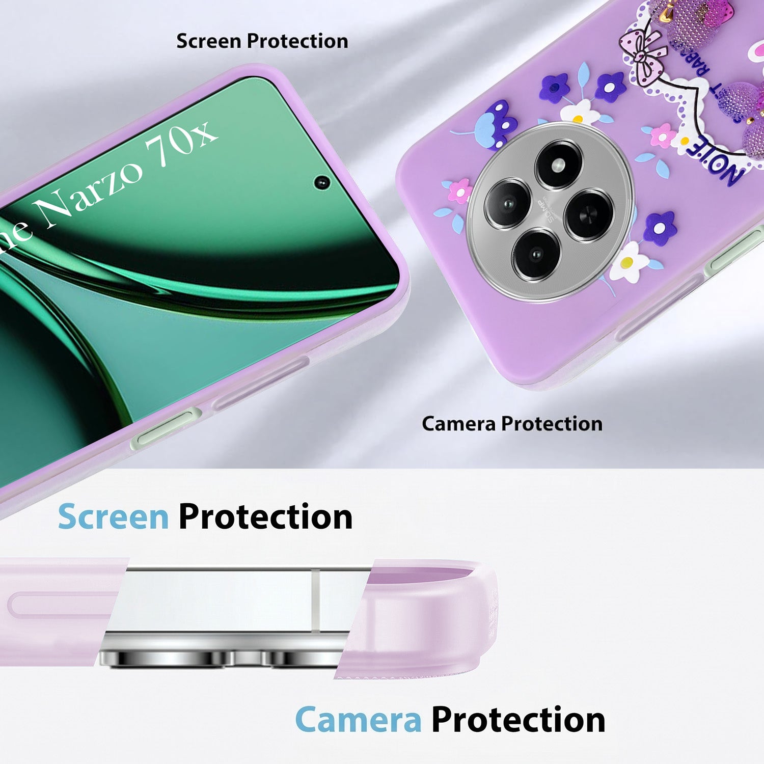For Realme Narzo 70x 5G Back Cover Case (3D Cute Heart Strap Holder | Camera Protection | Designer Girls Print)