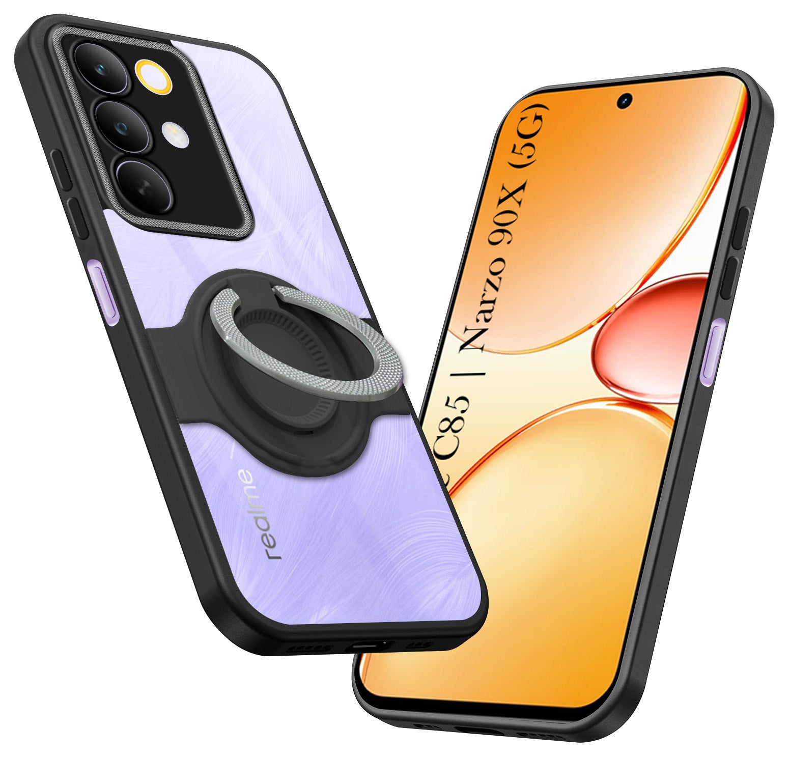 For Realme C85 5G | Realme Narzo 90x Back Cover Case with stand (Built-in Ring Holder Kickstand | Lifetime Anti Yellow | Camera Protection)