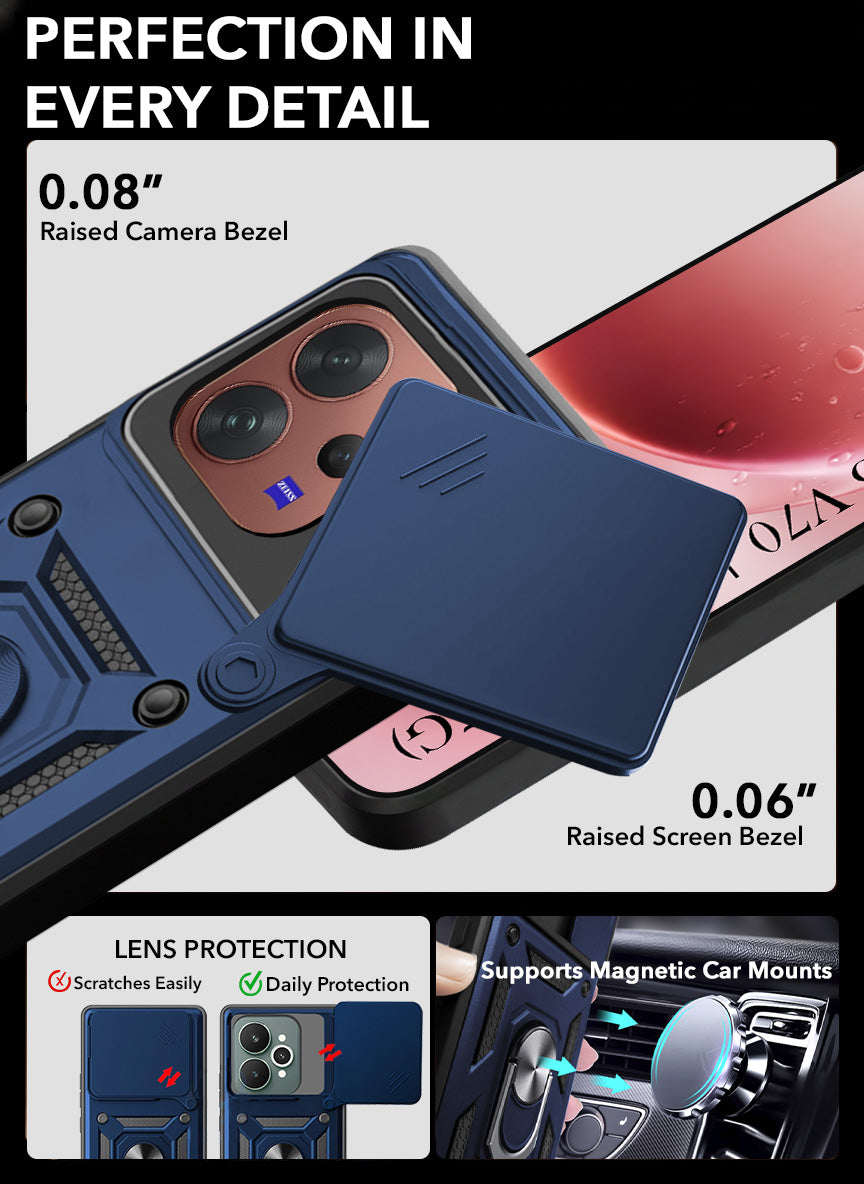 For Vivo V70 | Vivo V70 Elite 5G Back Cover Case Hybrid Armor (Sliding Shutter Camera Protection | Polycarbonate |Ring Holder Kickstand)