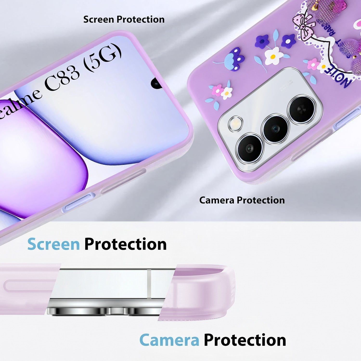 For Realme C83 5G Back Cover Case (3D Cute Heart Strap Holder | Camera Protection | Designer Girls Print)
