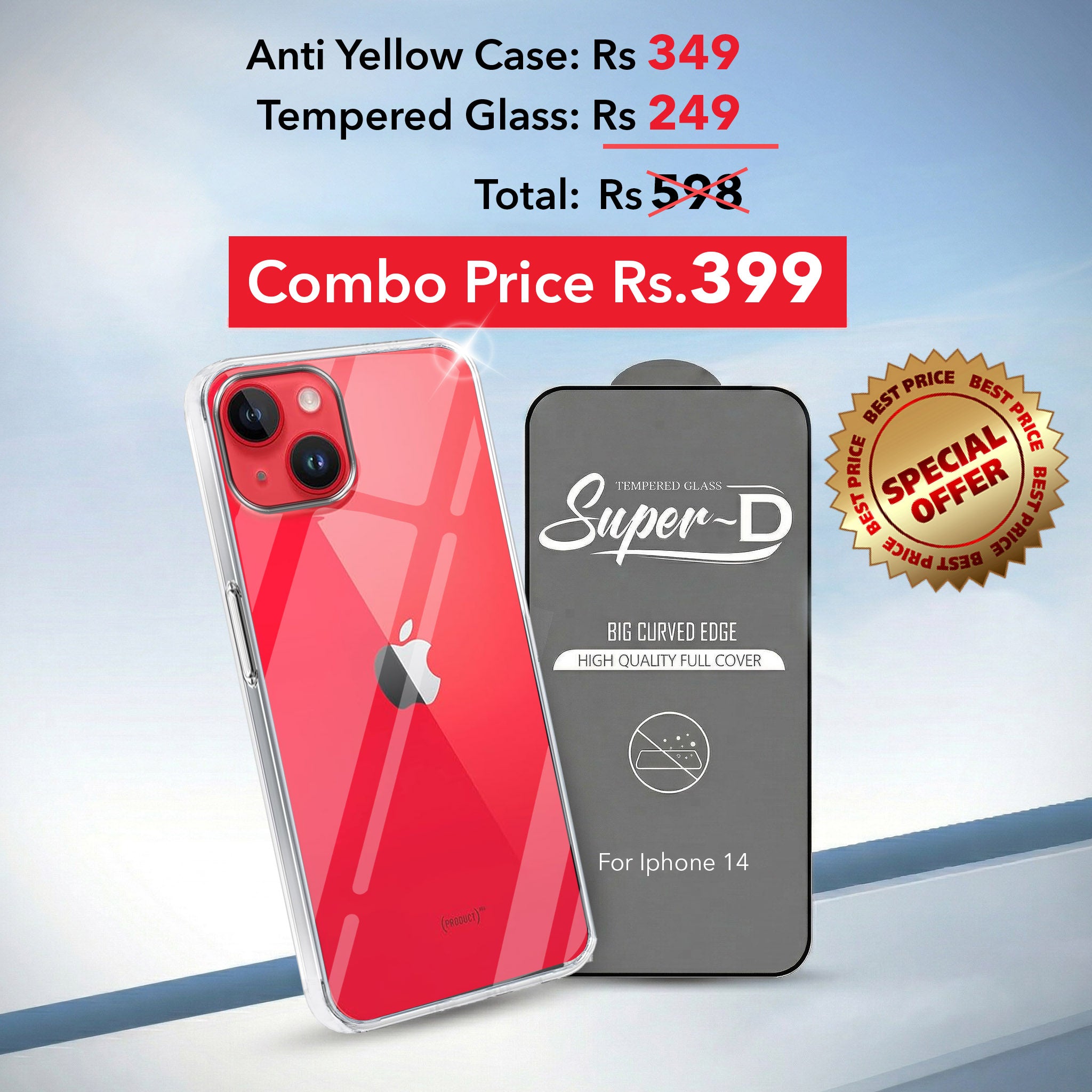 For Apple iPhone 14 Combo with Back Cover and 9H Tempered Glass (Lifetime Anti-Yellow | Sleek Hard Crystal | Oleophobic Coating Screen Glass)