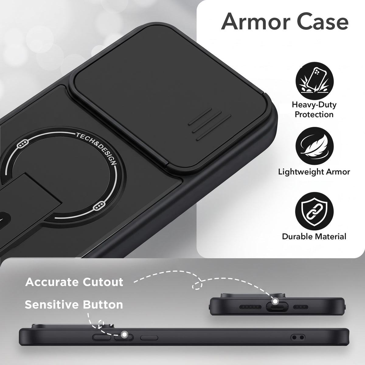 For Oppo Reno15 Pro Mini 5G | Reno 15 Pro Mini Back Case Cover Metallic (Hybrid Armor Kickstand | Sliding Shutter Camera Protection | MagSafe Compatible)