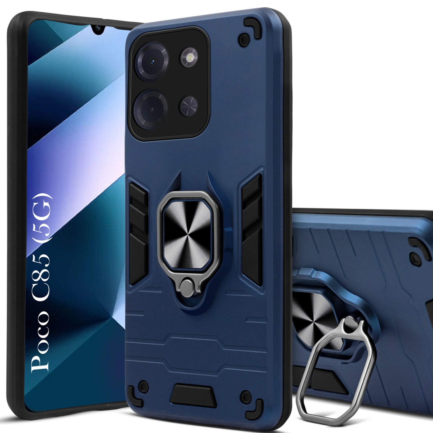For Poco C85 5G Hybrid Armor Back Cover Case (Shockproof Dual Layer Polycarbonate |Ring Holder Kickstand)