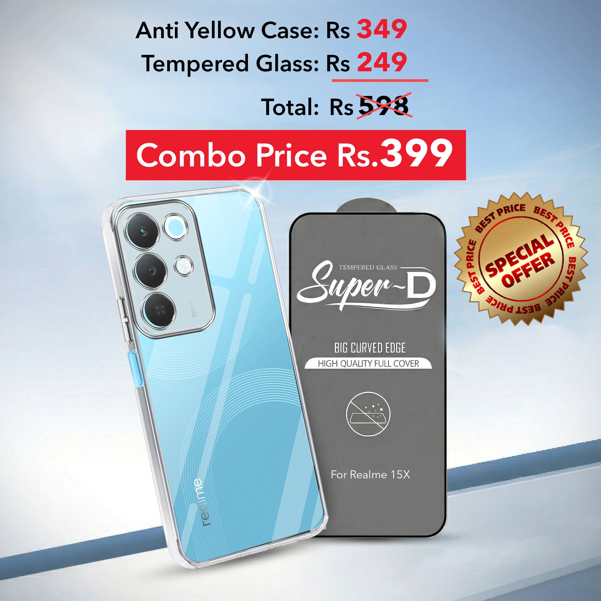 For Realme 15X Combo with Back Cover and 9H Tempered Glass (Lifetime Anti-Yellow | Sleek Hard Crystal | Oleophobic Coating Screen Glass)