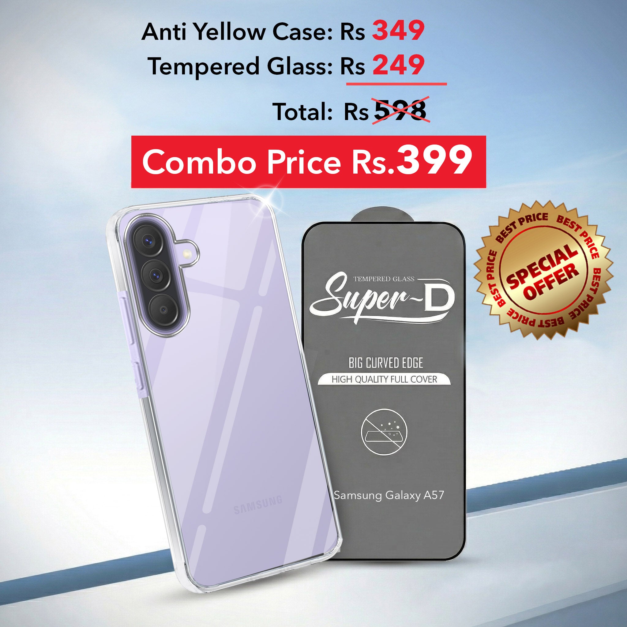 For Samsung Galaxy A57 5G Combo with Back Cover and 9H Tempered Glass (Lifetime Anti-Yellow | Sleek Hard Crystal | Oleophobic Coating Screen Glass)