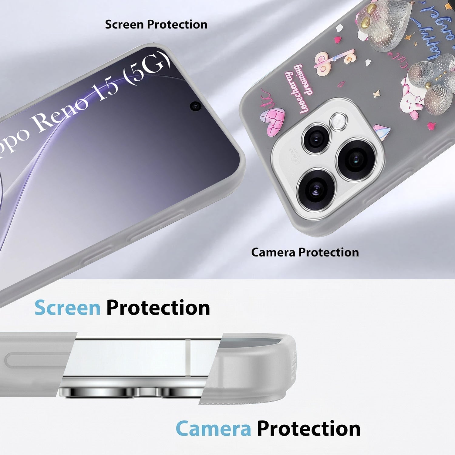 For Oppo Reno15 5G Back Cover Case (3D Cute Heart Strap Holder | Camera Protection | Designer Girls Print)