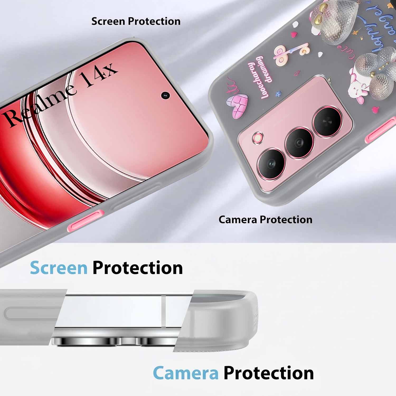 For Realme 14X Back Cover Case (3D Cute Heart Strap Holder | Camera Protection | Designer Girls Print)