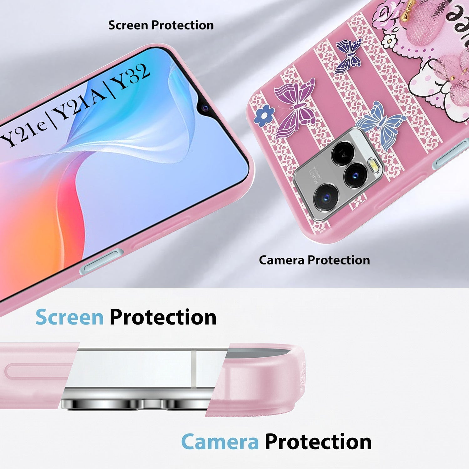 For Vivo Y21e | Vivo Y21A | Vivo Y32 Back Cover Case (3D Cute Heart Strap Holder | Camera Protection | Designer Girls Print)