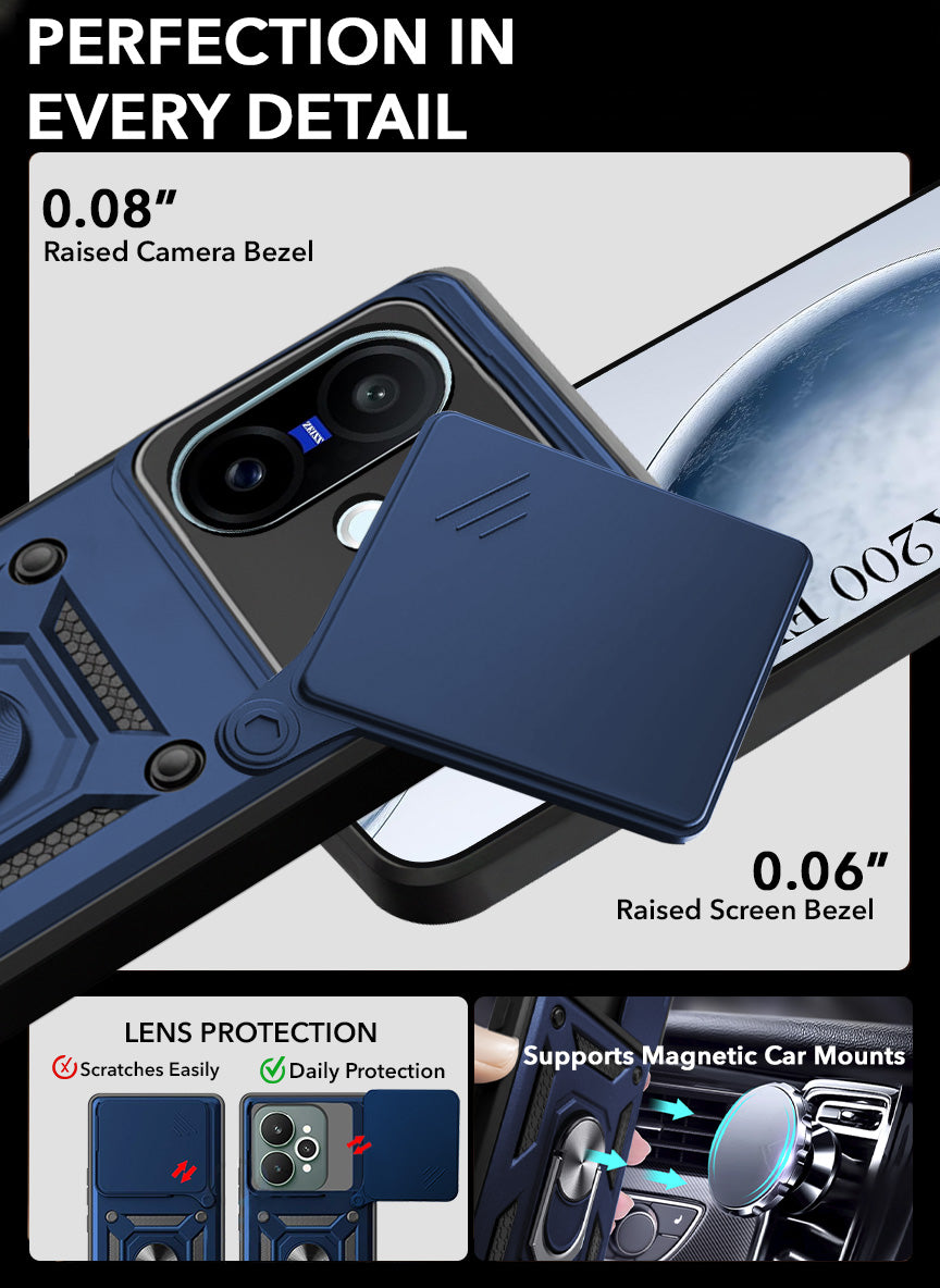 For Vivo X200 FE Back Cover Case (Sliding Shutter Camera Protection | Polycarbonate |Ring Holder Kickstand)
