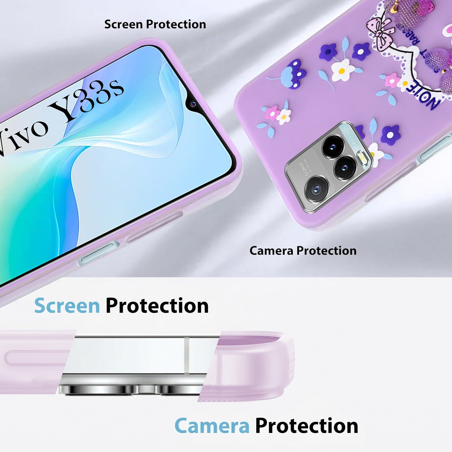 For Vivo Y33s Back Cover Case (3D Cute Heart Strap Holder | Camera Protection | Designer Girls Print)