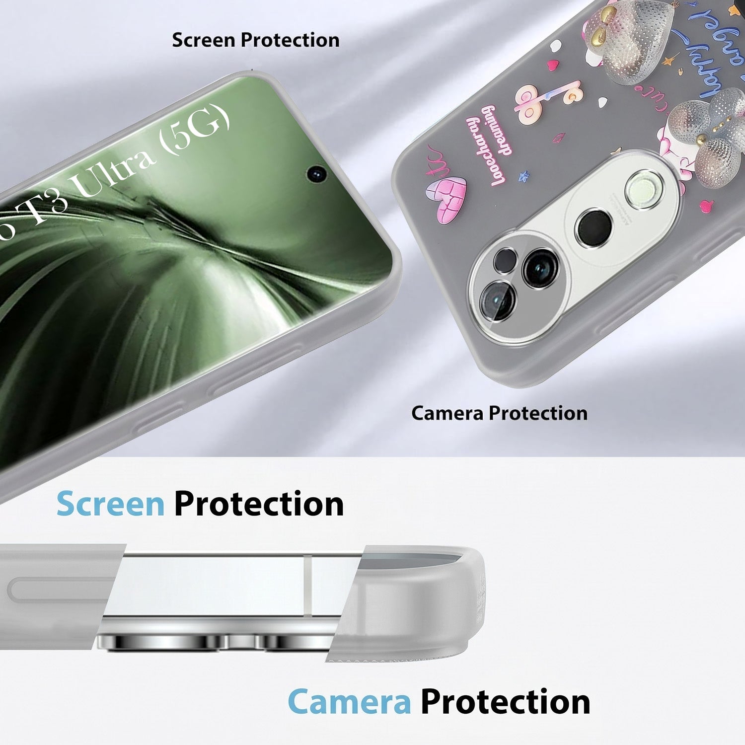 For Vivo T3 Ultra Back Cover Case (3D Cute Heart Strap Holder | Camera Protection | Designer Girls Print)