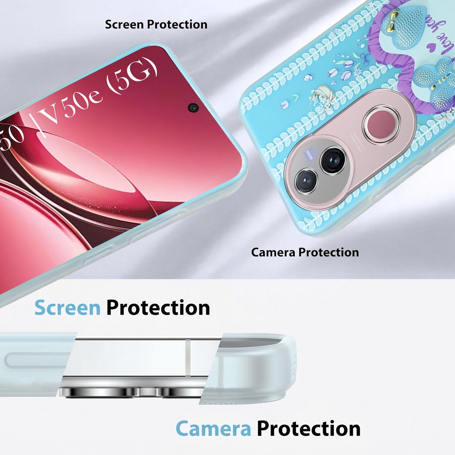 For Vivo V50 | Vivo V50e Back Cover Case (3D Cute Heart Strap Holder | Camera Protection | Designer Girls Print)