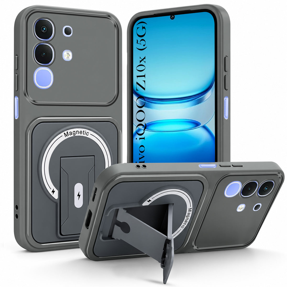 For Vivo iQOO Z10x Back Case Cover Metallic (Hybrid Armor Kickstand | MagSafe Compatible | Camera Protection Shockproof)