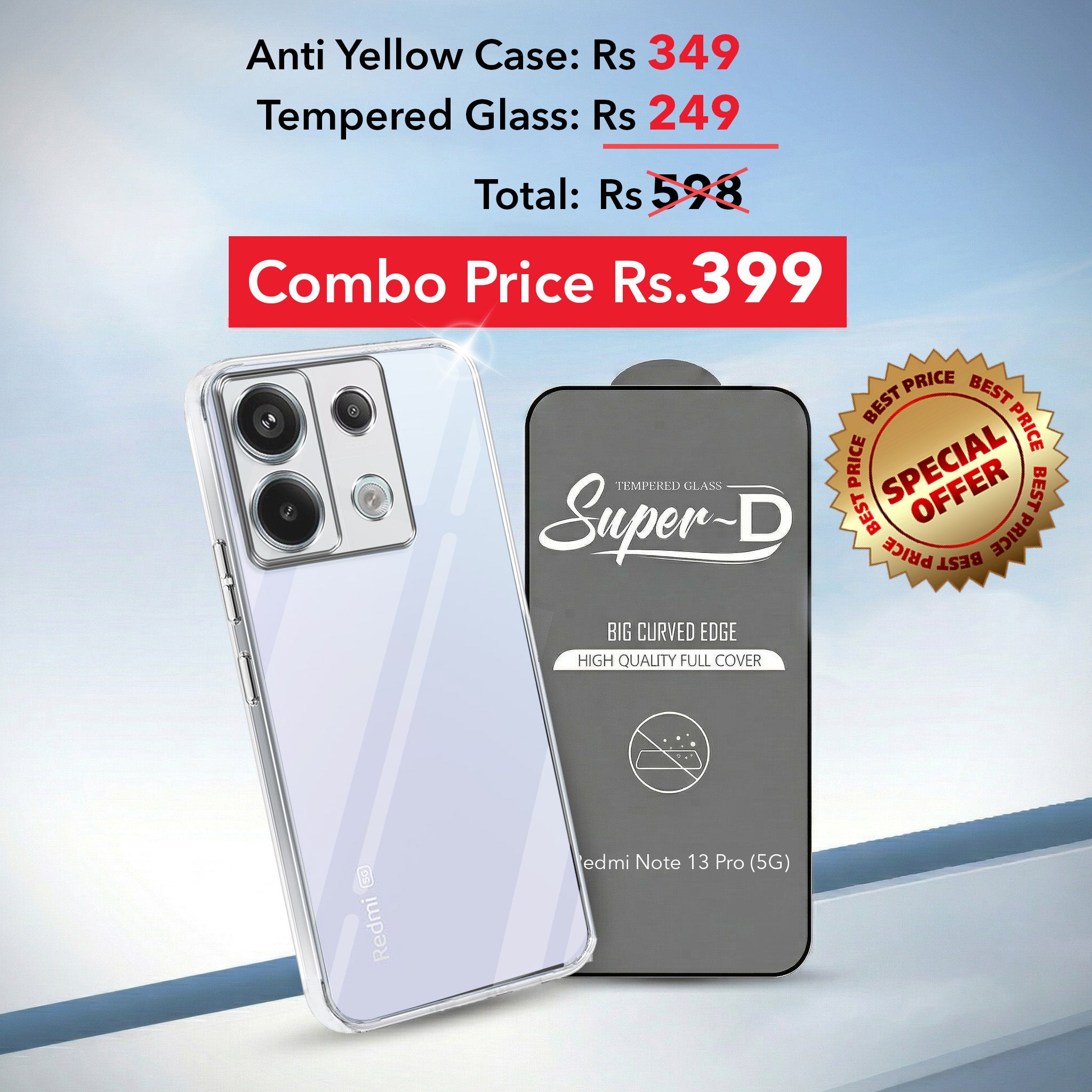 For Redmi Note 13 Pro Combo with Back Cover and 9H Tempered Glass (Lifetime Anti-Yellow | Sleek Hard Crystal | Oleophobic Coating Screen Glass)