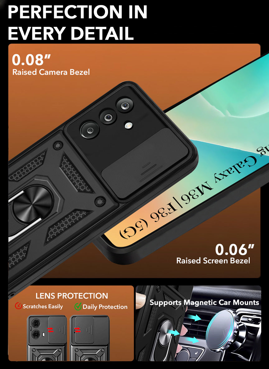 For Samsung Galaxy M36 | Samsung Galaxy F36 Back Cover Case Hybrid Armor (Sliding Shutter Camera Protection | Polycarbonate |Ring Holder Kickstand)