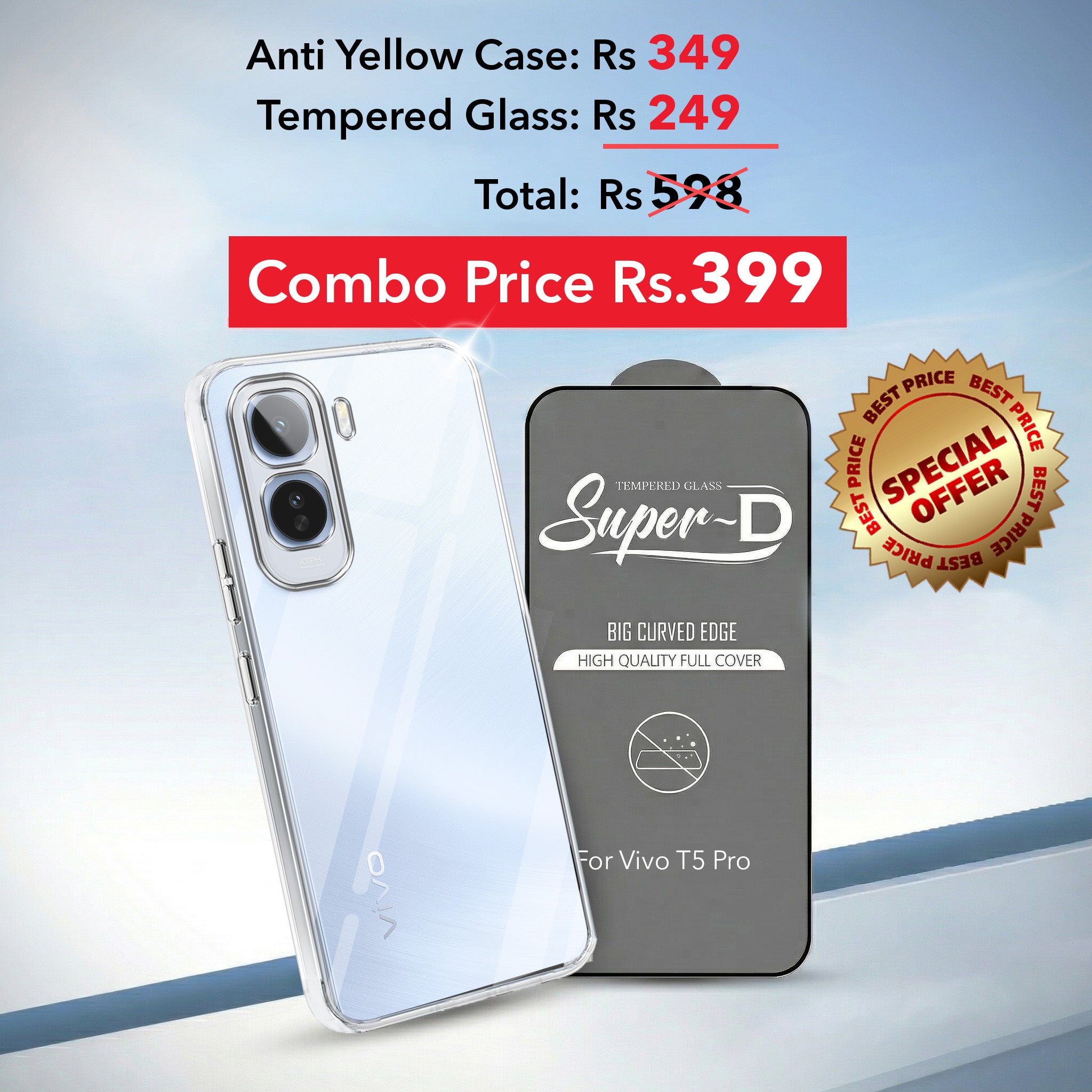 For Vivo T5 Pro 5G Combo with Back Cover and 9H Tempered Glass (Lifetime Anti-Yellow | Sleek Hard Crystal | Oleophobic Coating Screen Glass)