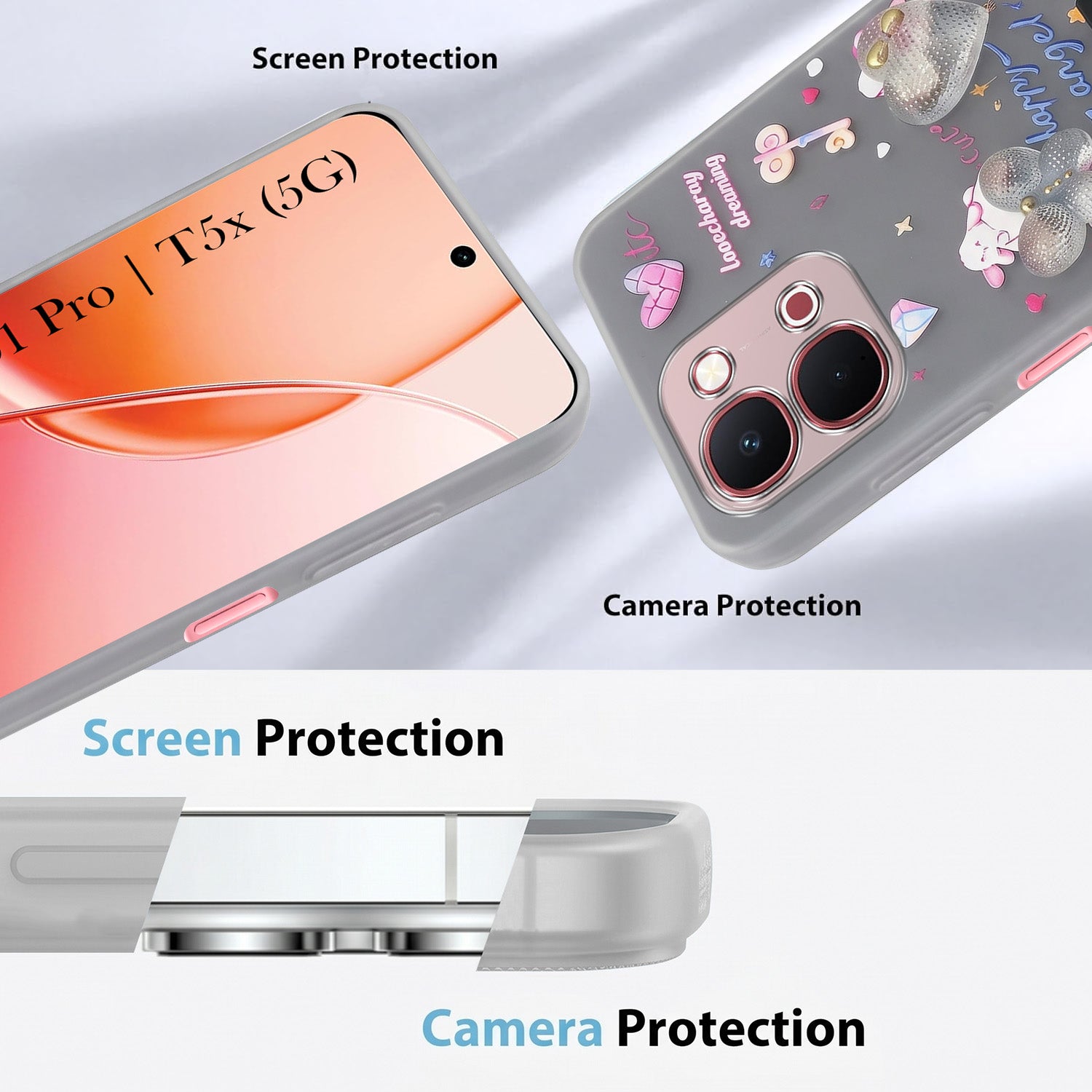 For Vivo Y51 Pro 5G | Vivo T5x Back Cover Case (3D Cute Heart Strap Holder | Camera Protection | Designer Girls Print)