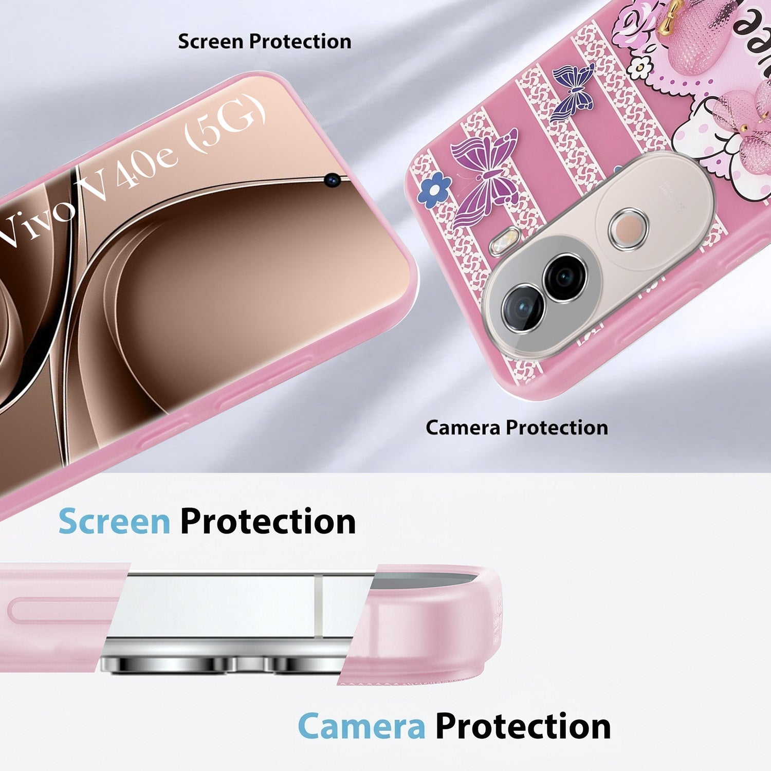 For Vivo V40e Back Cover Case (3D Cute Heart Strap Holder | Camera Protection | Designer Girls Print)
