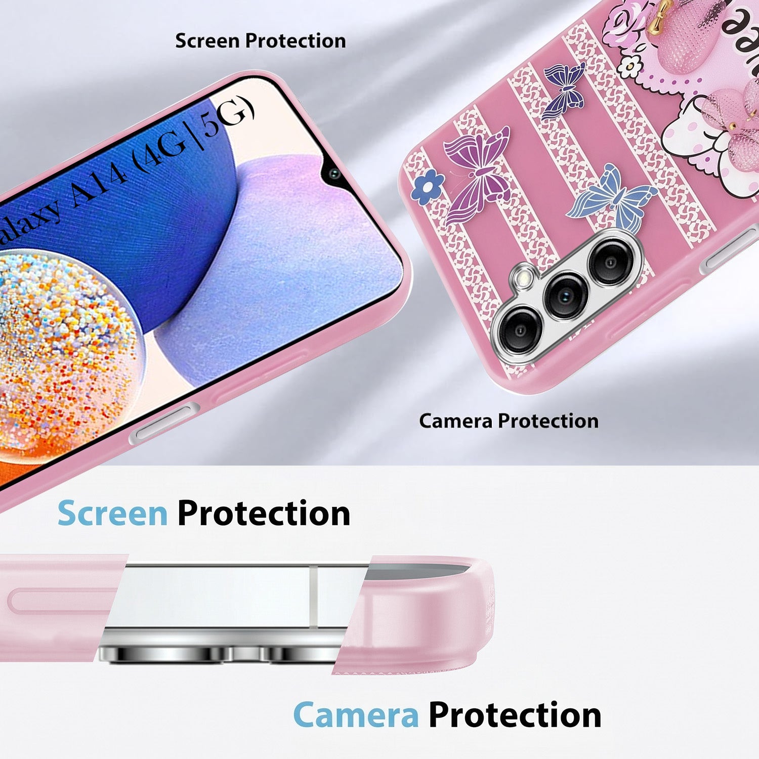 For Samsung Galaxy A14 4G | 5G Back Cover Case (3D Cute Heart Strap Holder | Camera Protection | Designer Girls Print)