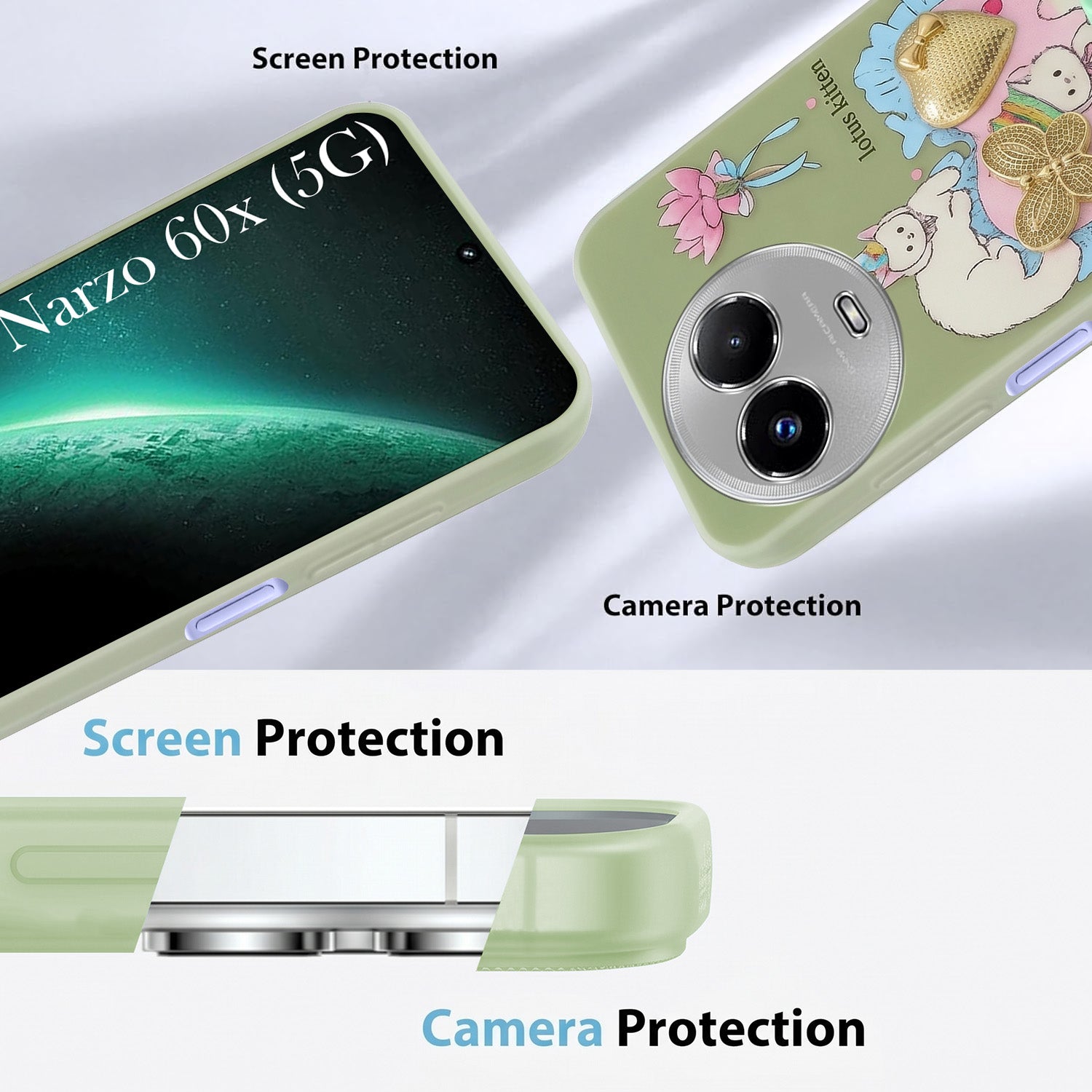 For Realme Narzo 60x Back Cover Case (3D Cute Heart Strap Holder | Camera Protection | Designer Girls Print)