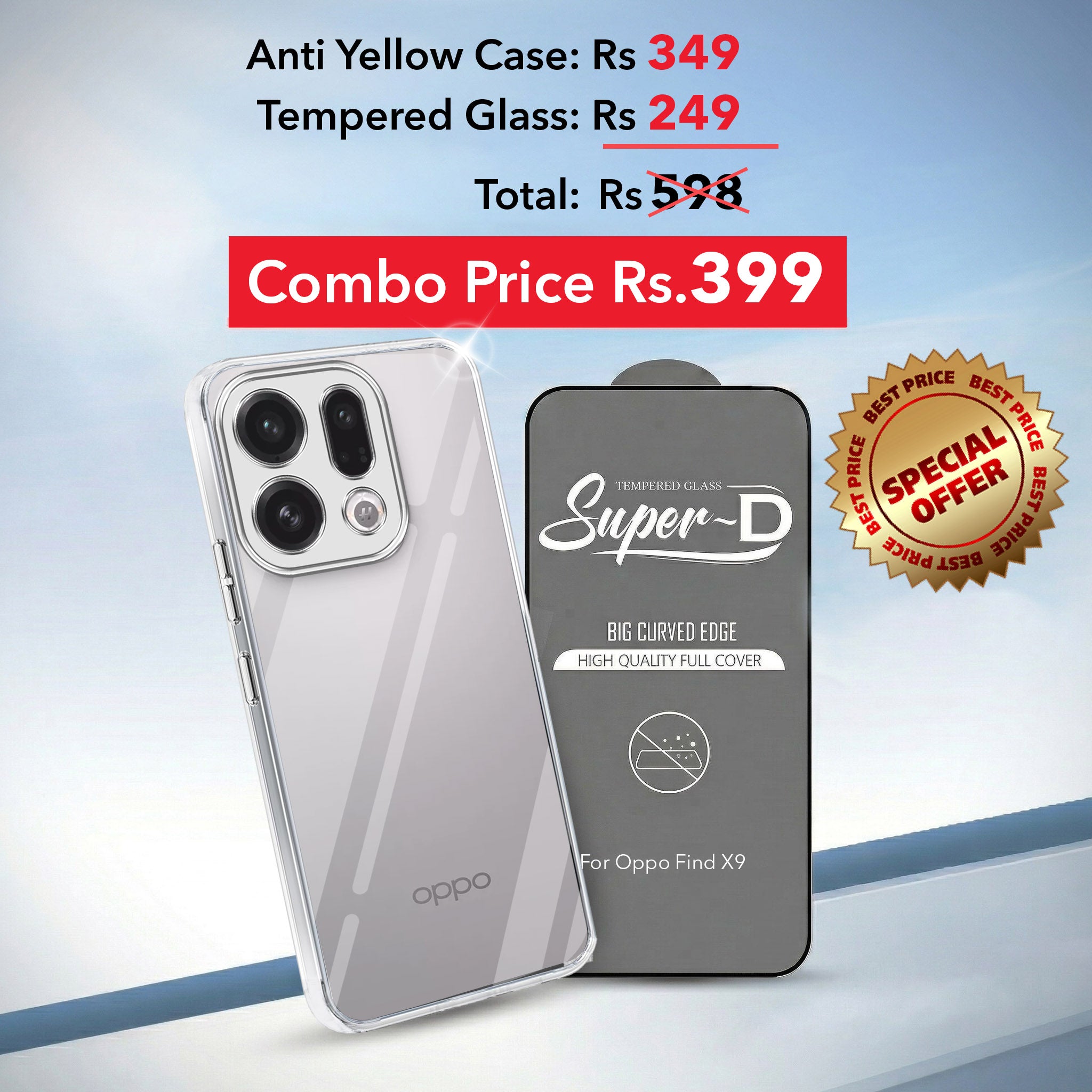 For Oppo Find X9 Combo with Back Cover and 9H Tempered Glass (Lifetime Anti-Yellow | Sleek Hard Crystal | Oleophobic Coating Screen Glass)