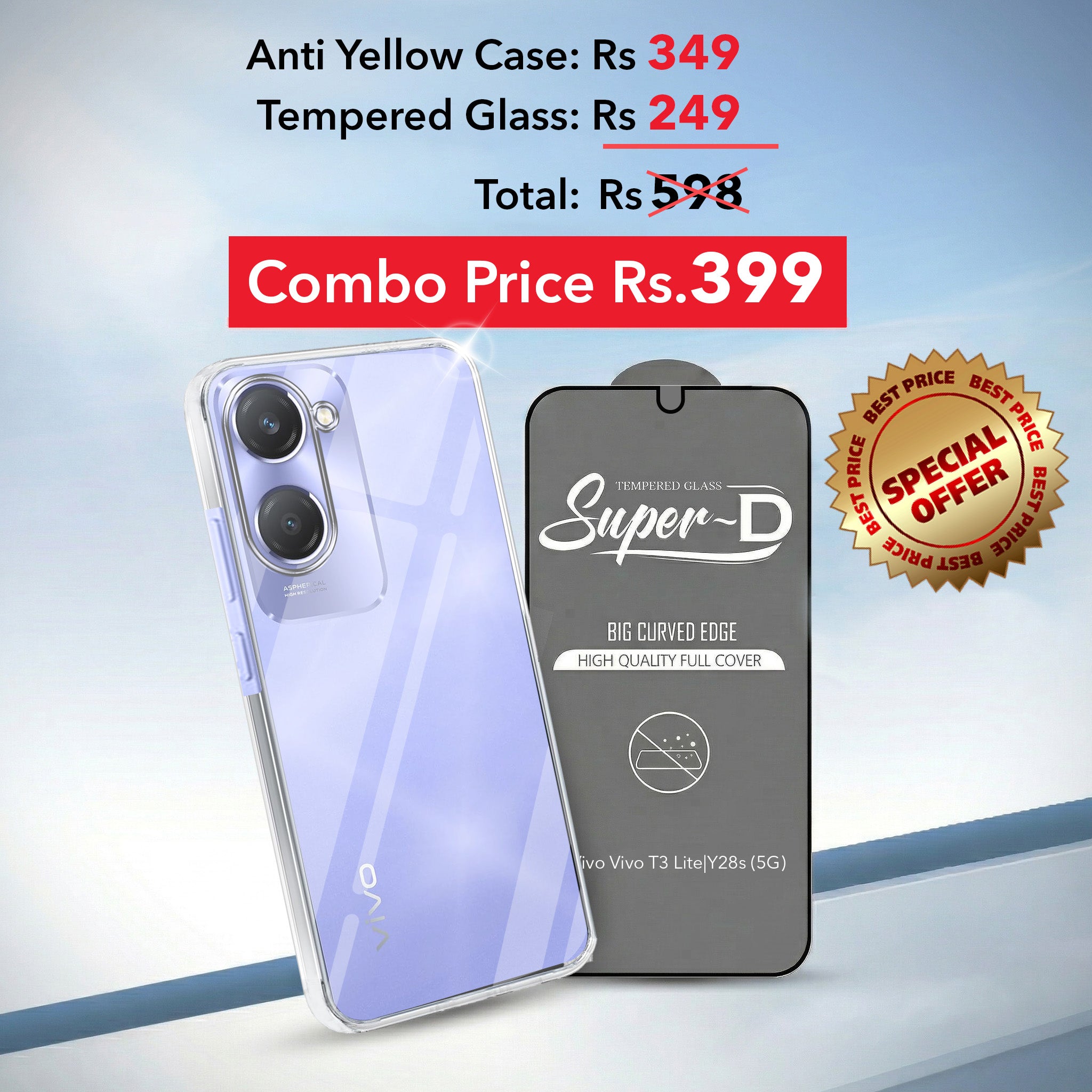 For Vivo Y28s 5G | Vivo T3 Lite 5G Combo with Back Cover and 9H Tempered Glass ( Lifetime Anti-Yellow | Sleek Hard Crystal | Oleophobic Coating Screen Glass)