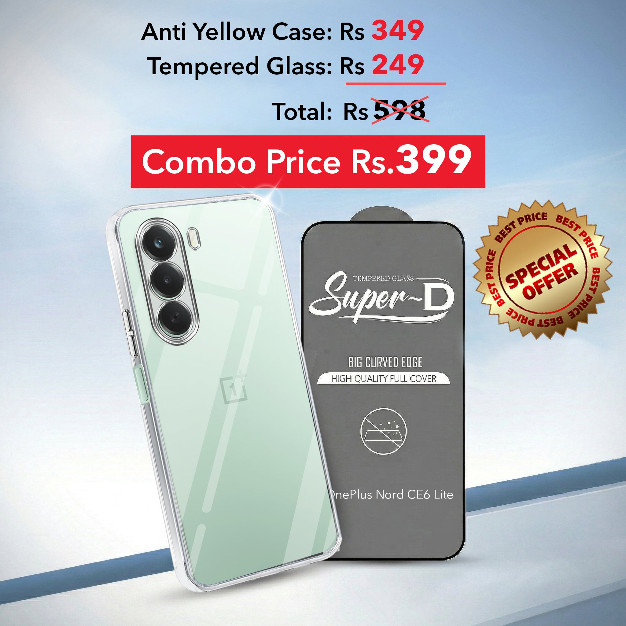 For OnePlus Nord CE 6 Lite Combo with Back Cover and 9H Tempered Glass (Lifetime Anti-Yellow | Sleek Hard Crystal | Oleophobic Coating Screen Glass)
