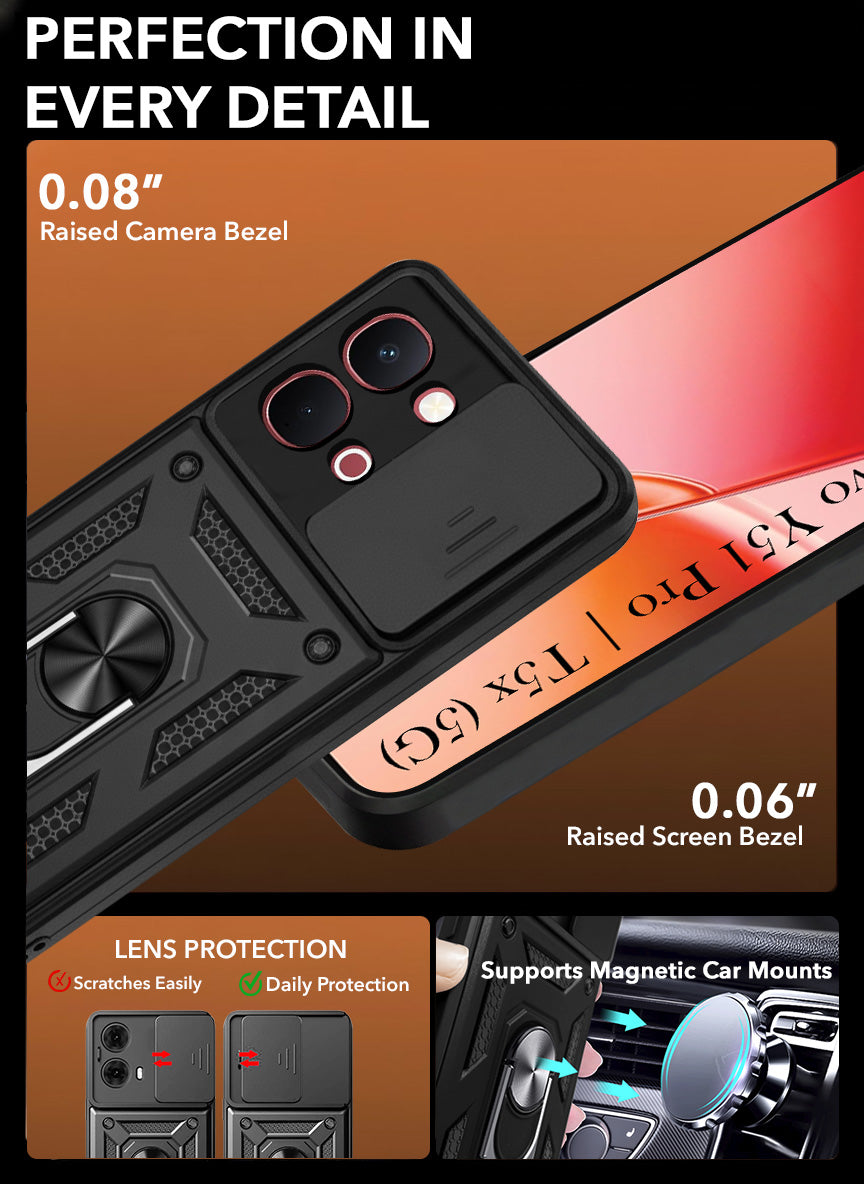 For Vivo Y51 Pro 5G | Vivo T5x Back Cover Case Hybrid Armor (Sliding Shutter Camera Protection | Polycarbonate |Ring Holder Kickstand)