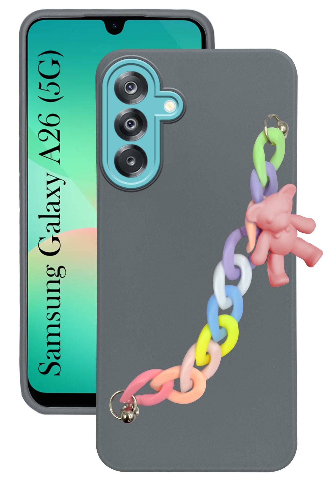 For Samsung Galaxy A26 5G Back Cover Case Silicone (Matte Finish |Wrist Hanging Chain | Teddy Bracelet Charms | Full Camera Protection)