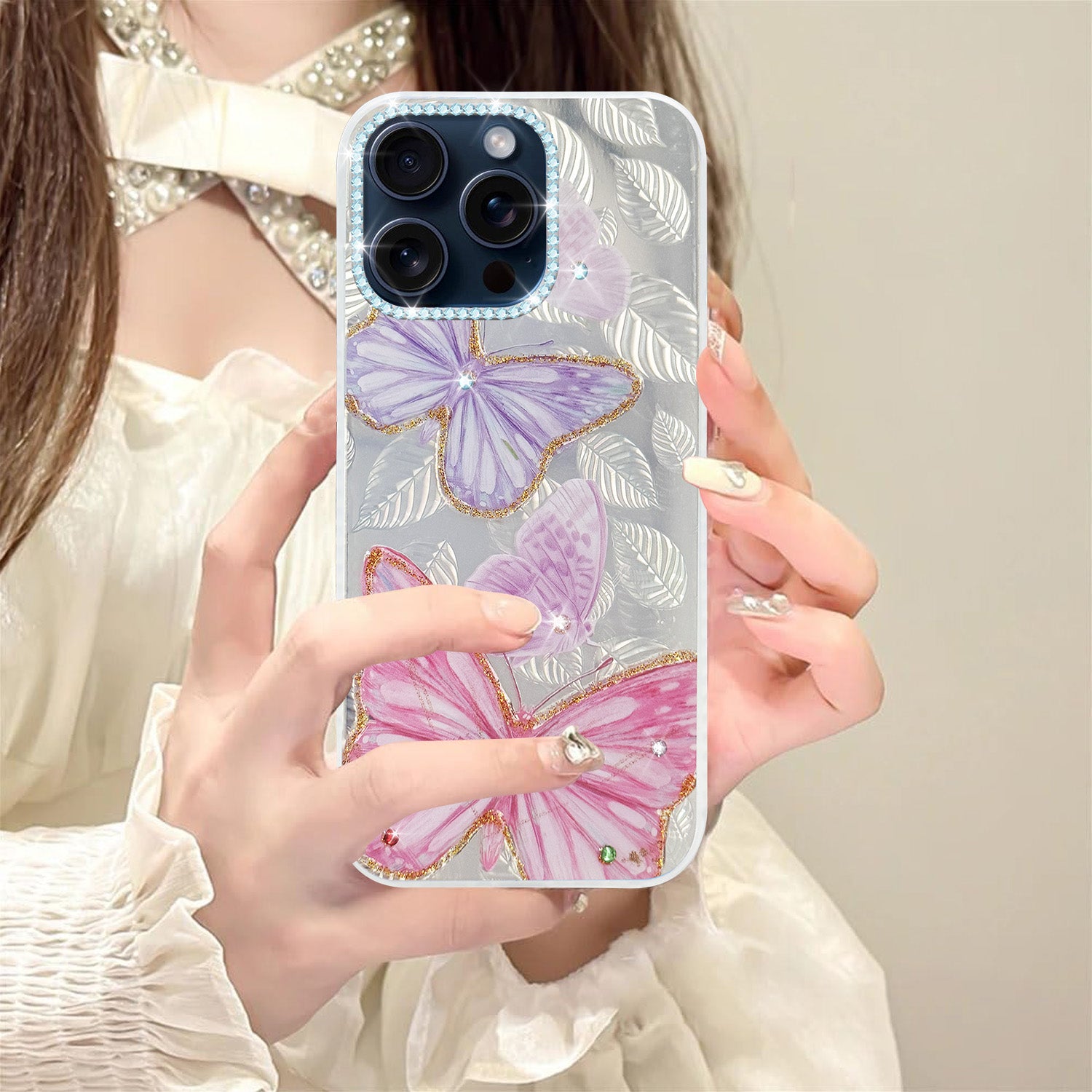 For Apple iPhone 15 Pro Max Back Cover Case (Luxury Floral Glitter Cute Butterfly | Diamond Studded Camera Bump | Girls & Women Design)