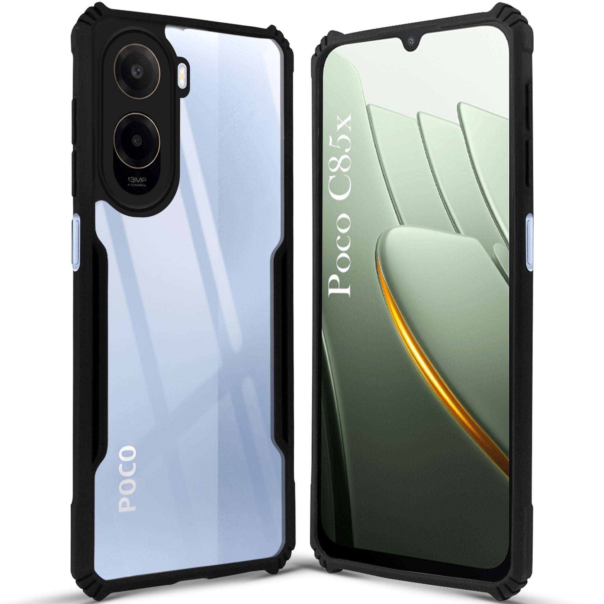 For Poco C85x 5G Back Cover Case Hybrid (Shockproof with Polycarbonate Clear Panel | Professional Black)