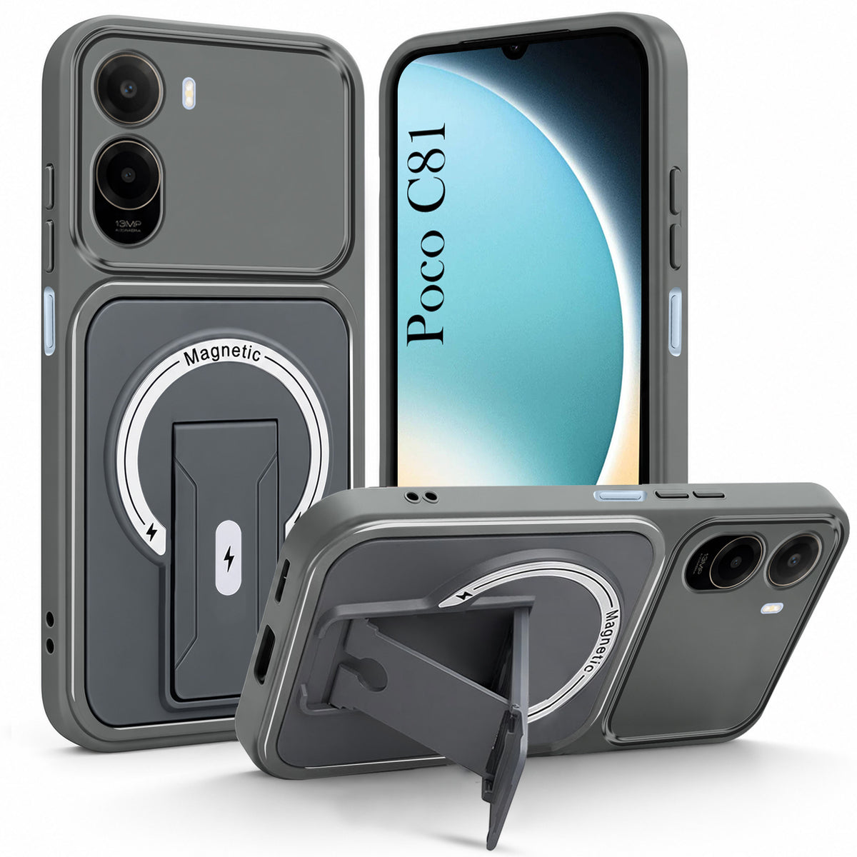 For Poco C81 5G Back Case Cover Metallic (Hybrid Armor Kickstand | MagSafe Compatible | Camera Protection Shockproof)