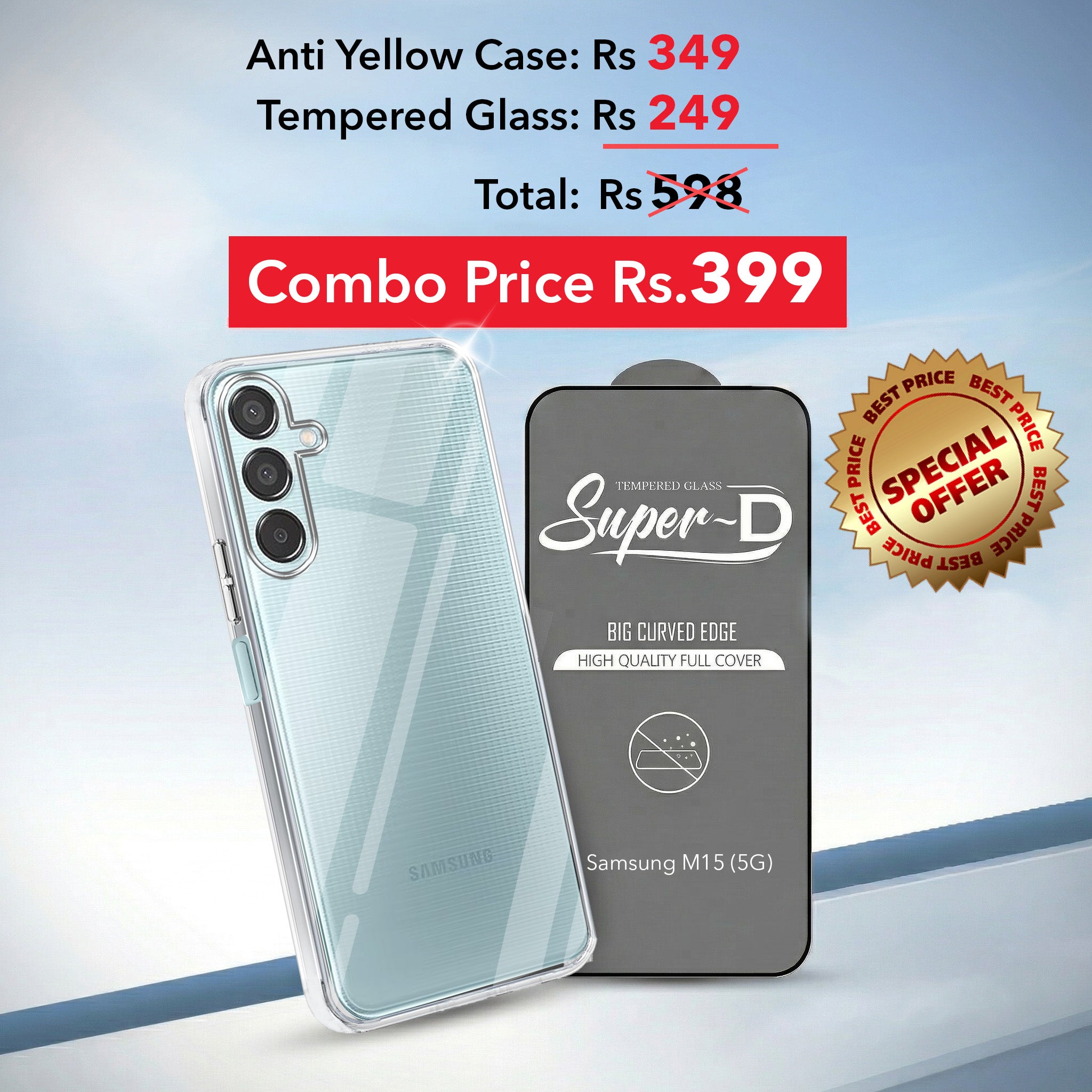 For Samsung Galaxy M15 5G Combo with Back Cover and 9H Tempered Glass (Lifetime Anti-Yellow | Sleek Hard Crystal | Oleophobic Coating Screen Glass)