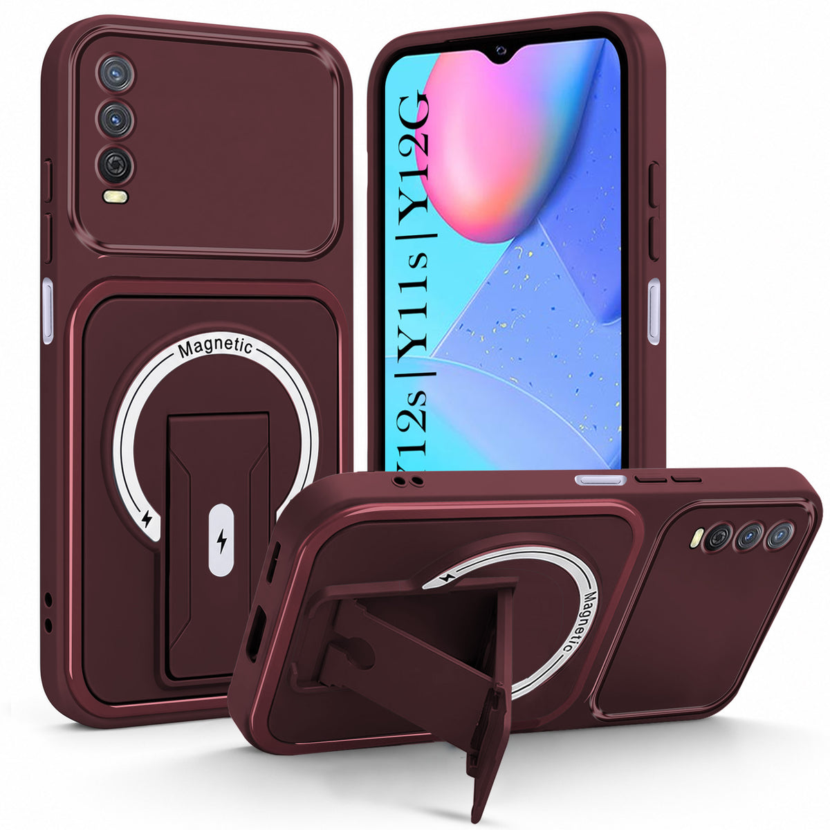 For Vivo Y12s | Y11s | Y12G Back Case Cover Metallic (Hybrid Armor Kickstand | MagSafe Compatible | Camera Protection Shockproof)