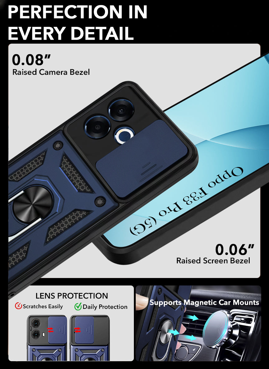 For Oppo F33 Pro 5G Back Cover Case Hybrid Armor (Sliding Shutter Camera Protection | Polycarbonate |Ring Holder Kickstand)