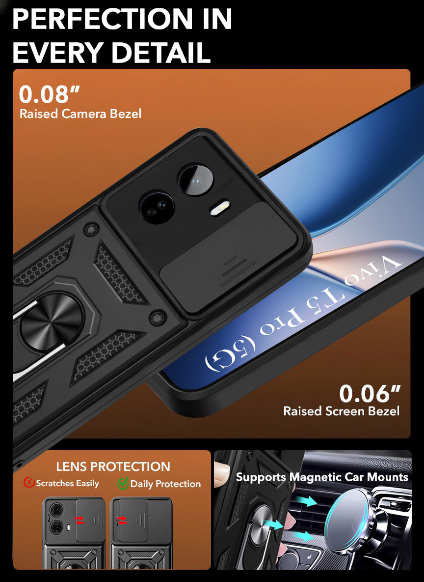 For Vivo T5 Pro 5G Back Cover Case Hybrid Armor (Sliding Shutter Camera Protection | Polycarbonate |Ring Holder Kickstand)