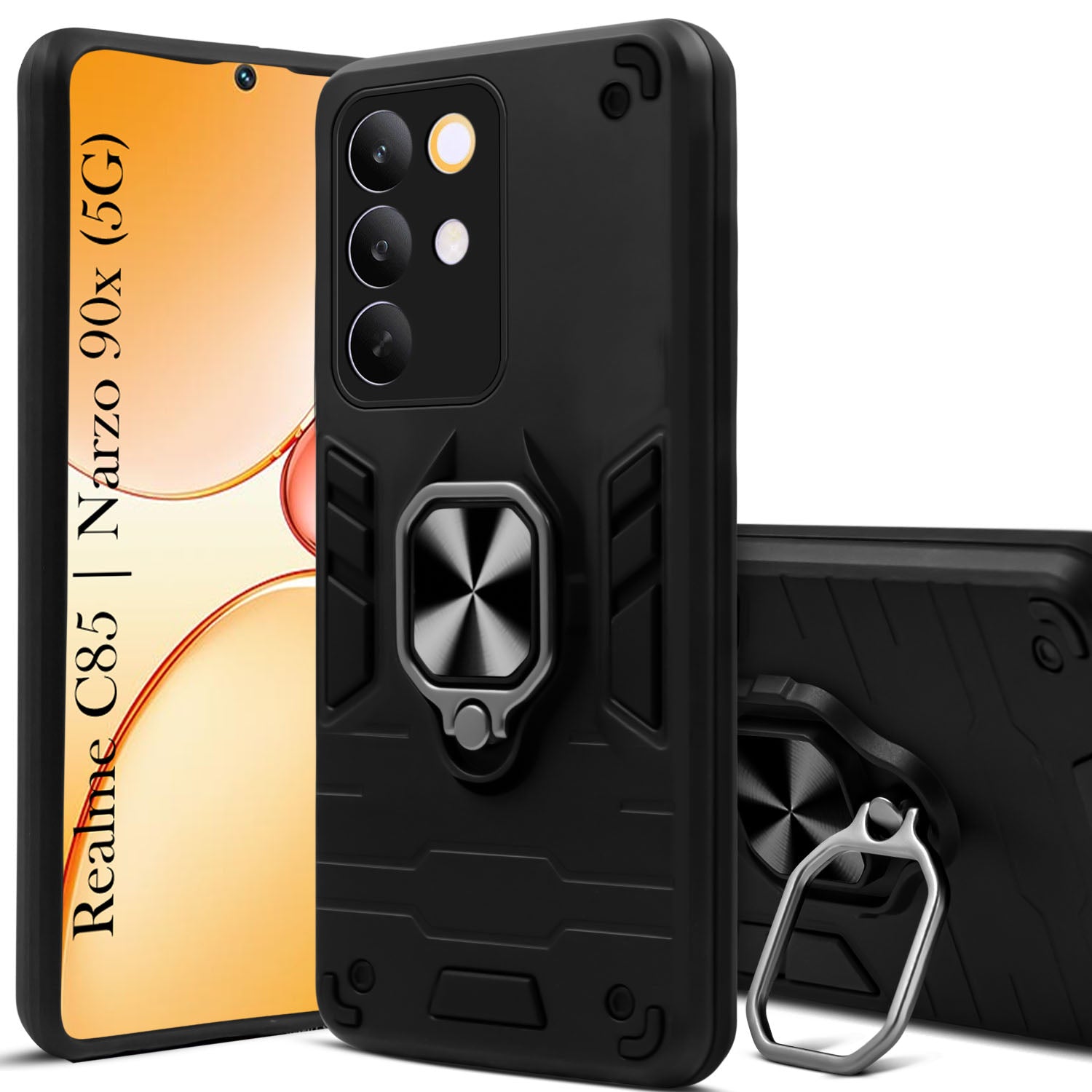 For Realme C85 5G | Realme Narzo 90x Back Cover Case Hybrid Armor (Shockproof Dual Layer Polycarbonate |Ring Holder Kickstand)