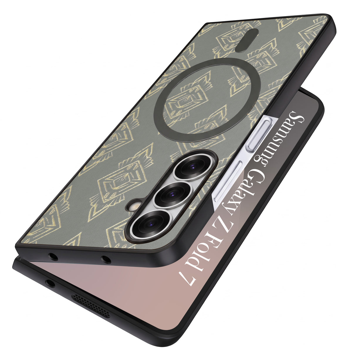 For Samsung Galaxy Z Fold 7 Back Cover Case Premium Magnetic (MagSafe Compatible | 180° Folding Design | Geometric Gold Pattern | Soft Microfiber Inner Lining)