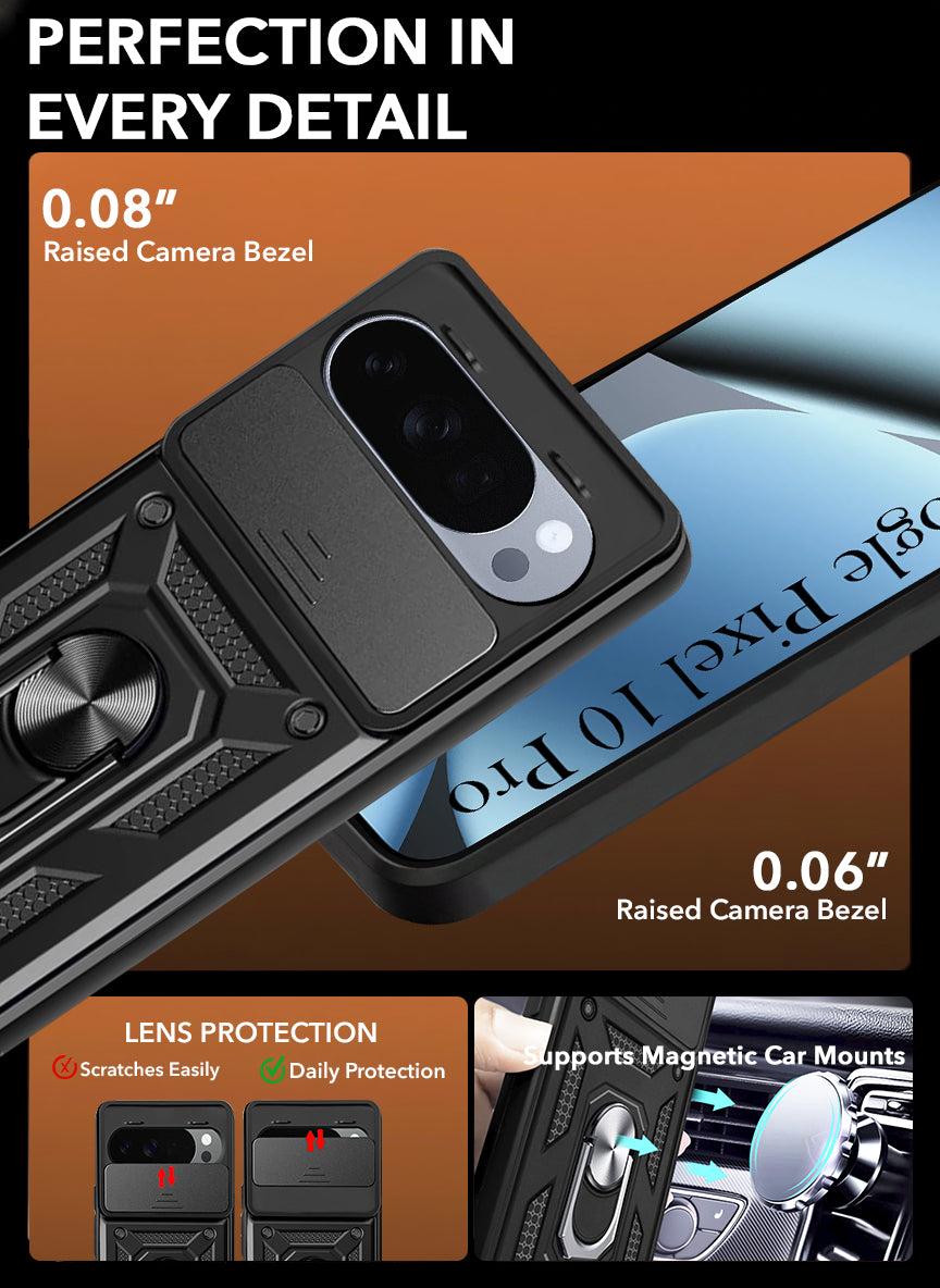 For Google Pixel 10 Pro Back Cover Case (Sliding Shutter Camera Protection | Polycarbonate |Ring Holder Kickstand)