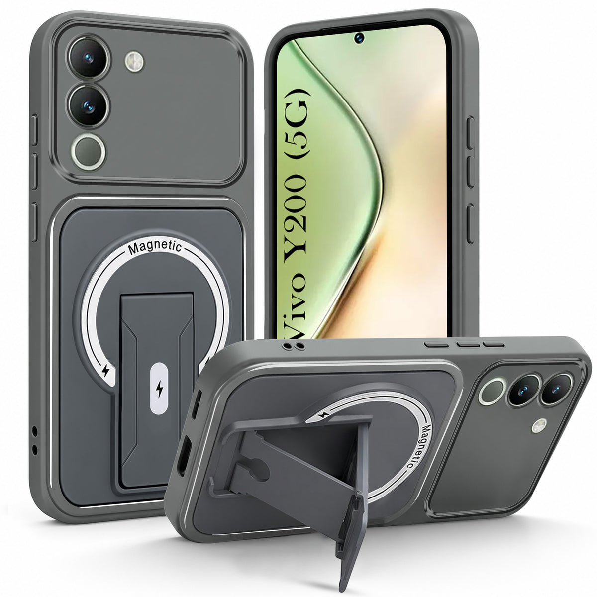 For Vivo Y200 Back Case Cover Metallic (Hybrid Armor Kickstand | MagSafe Compatible | Camera Protection Shockproof)