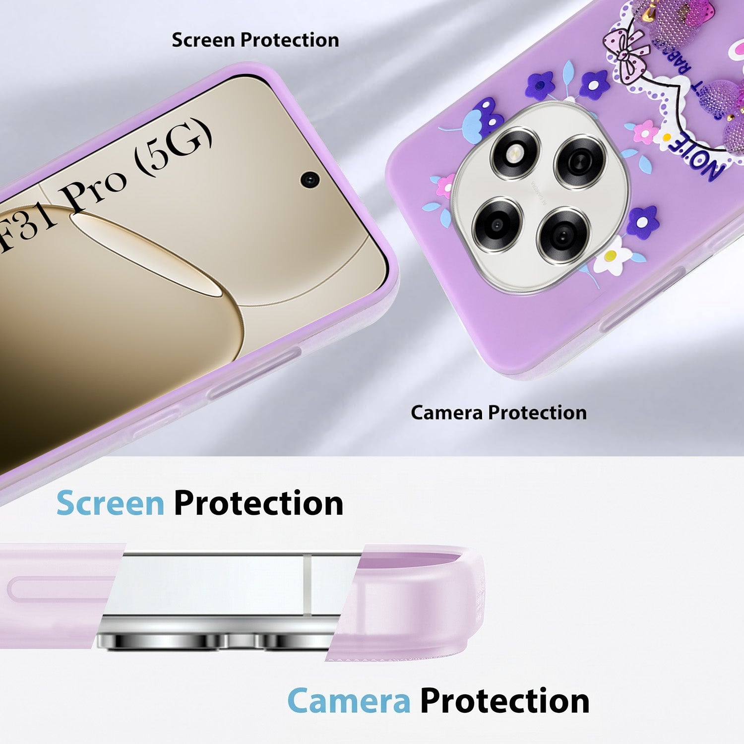 For Oppo F31 Pro Back Cover Case (3D Cute Heart Strap Holder | Camera Protection | Designer Girls Print)