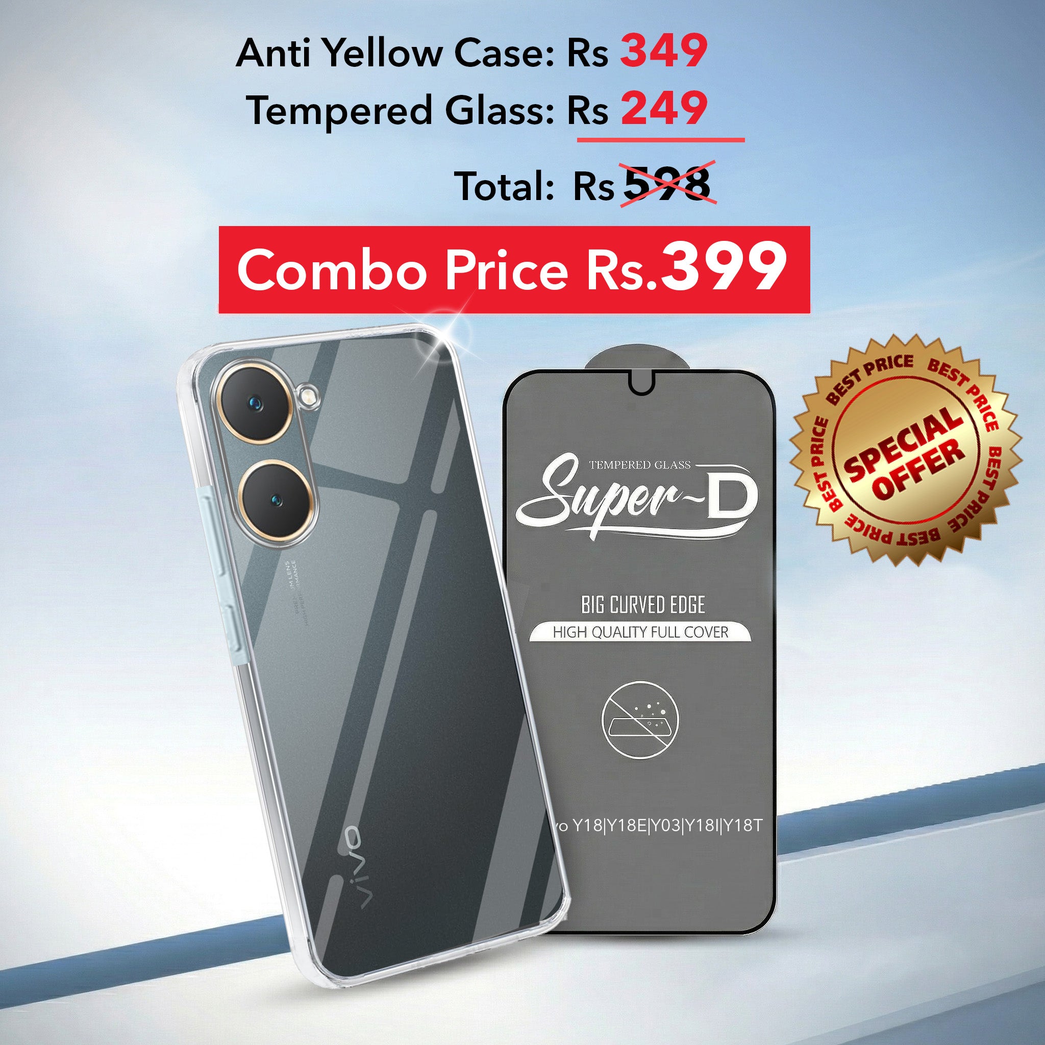 For Vivo Y18 | Y18e | Y03 | Y18i | Y18t Combo with Back Cover and 9H Tempered Glass ( Lifetime Anti-Yellow | Sleek Hard Crystal | Oleophobic Coating Screen Glass)