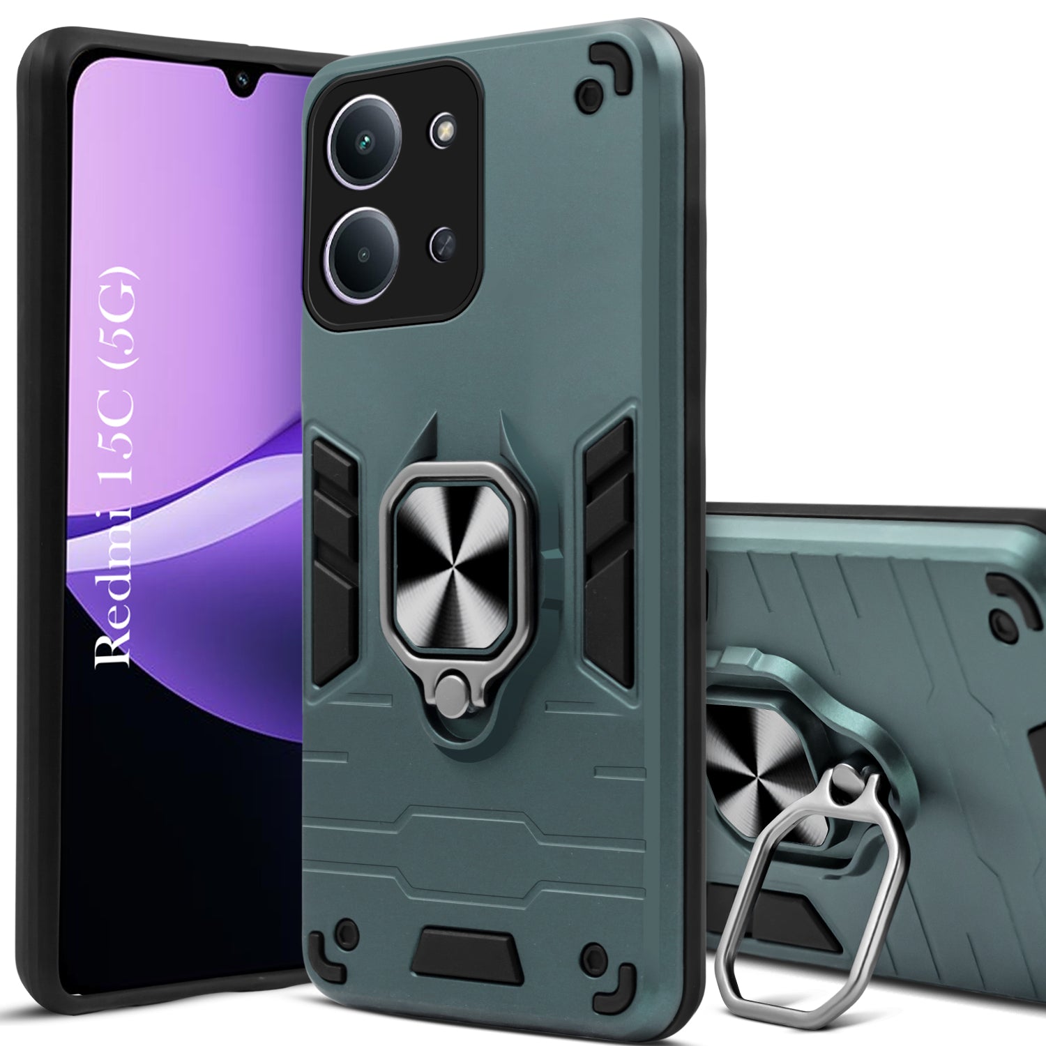 For Redmi 15C Hybrid Armor Back Cover Case (Shockproof Dual Layer Polycarbonate |Ring Holder Kickstand)