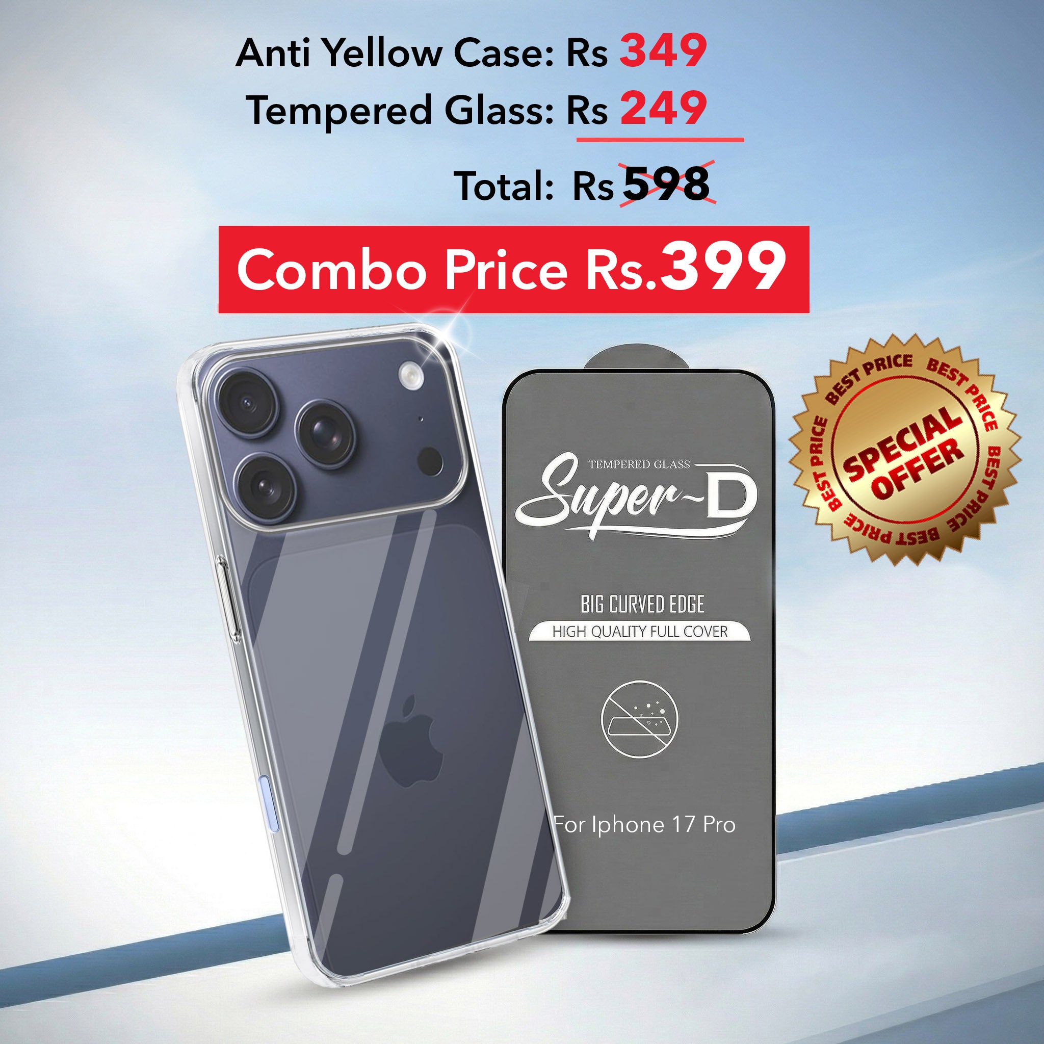 For Apple iPhone 17 Pro Combo with Back Cover and 9H Tempered Glass (Lifetime Anti-Yellow | Sleek Hard Crystal | Oleophobic Coating Screen Glass)