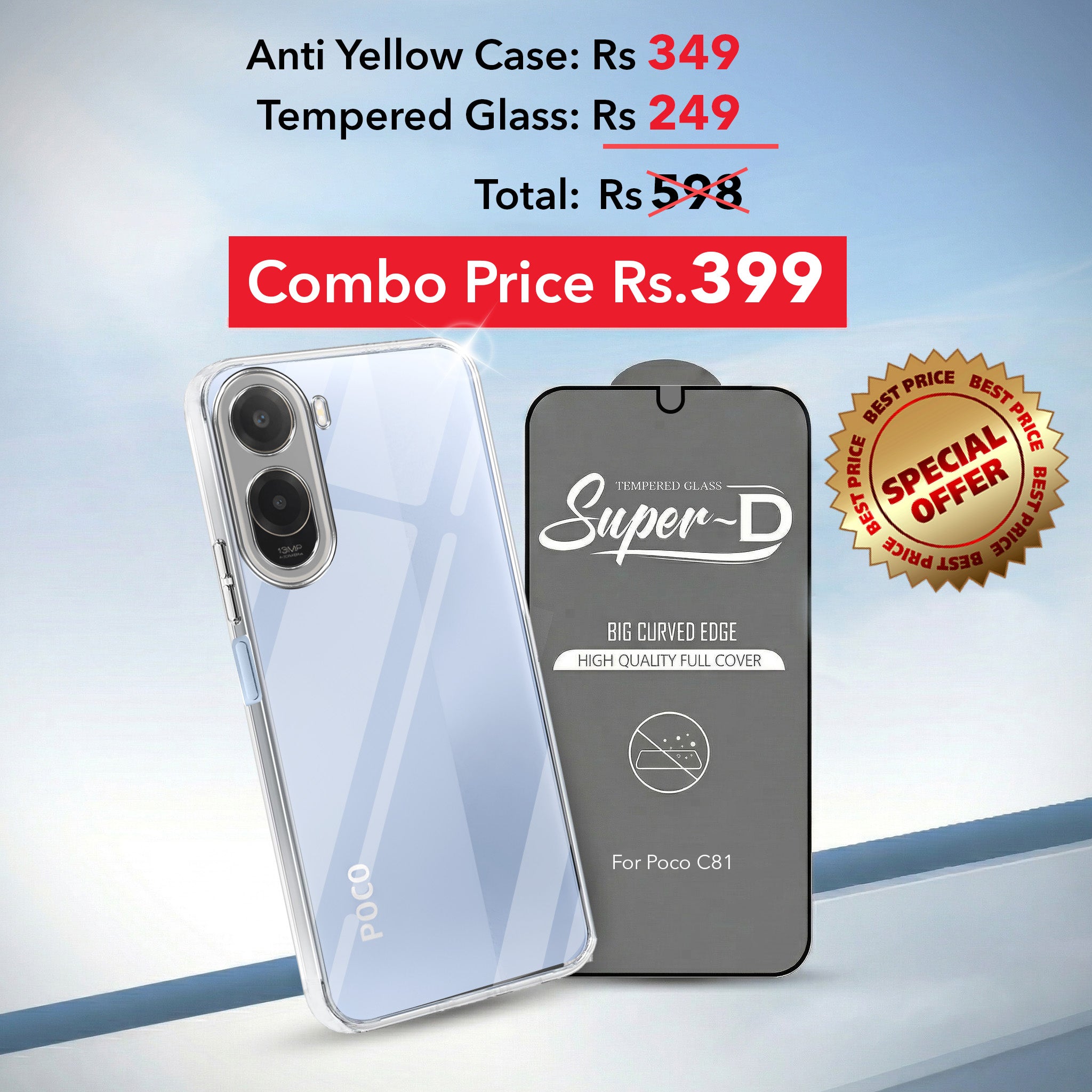 For Poco C81 5G Combo with Back Cover and 9H Tempered Glass (Lifetime Anti-Yellow | Sleek Hard Crystal | Oleophobic Coating Screen Glass)