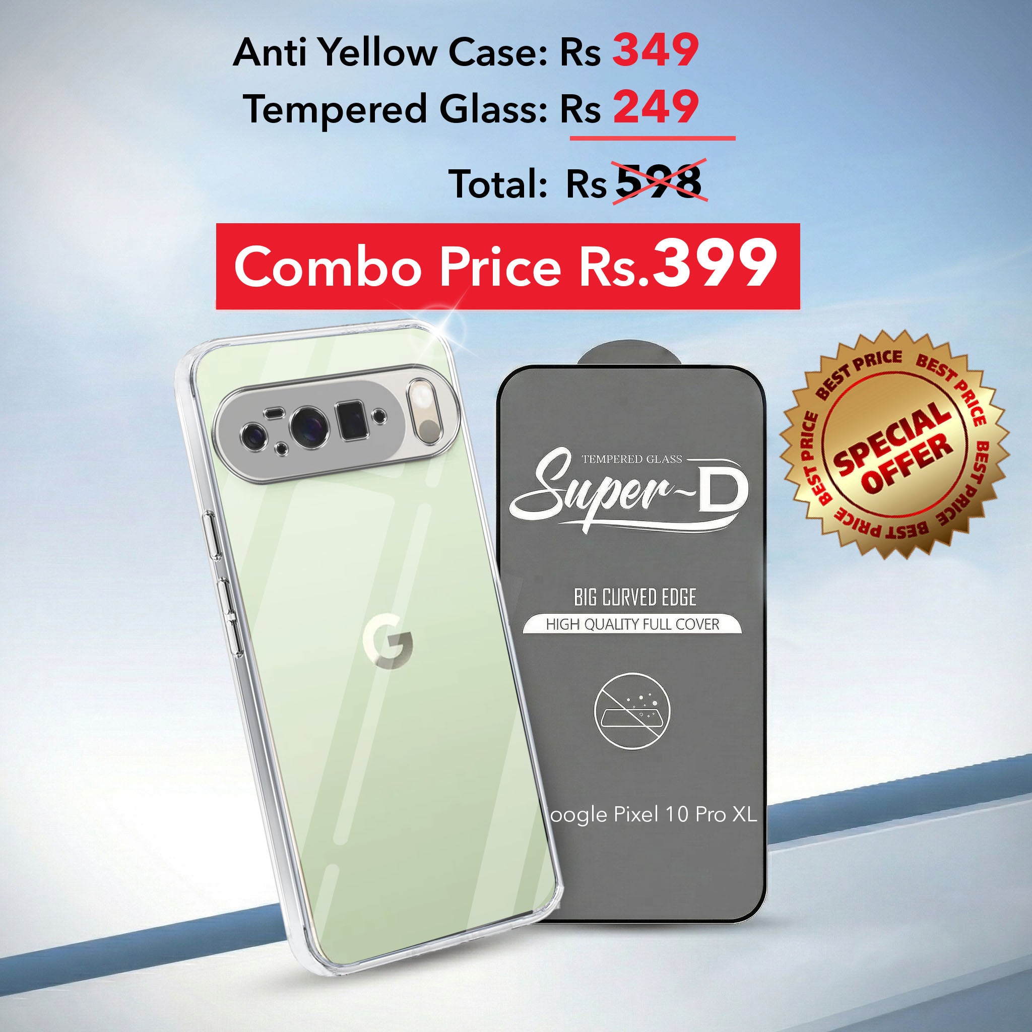 For Google Pixel 10 Pro XL Combo with Back Cover and 9H Tempered Glass (Lifetime Anti-Yellow | Sleek Hard Crystal | Oleophobic Coating Screen Glass)